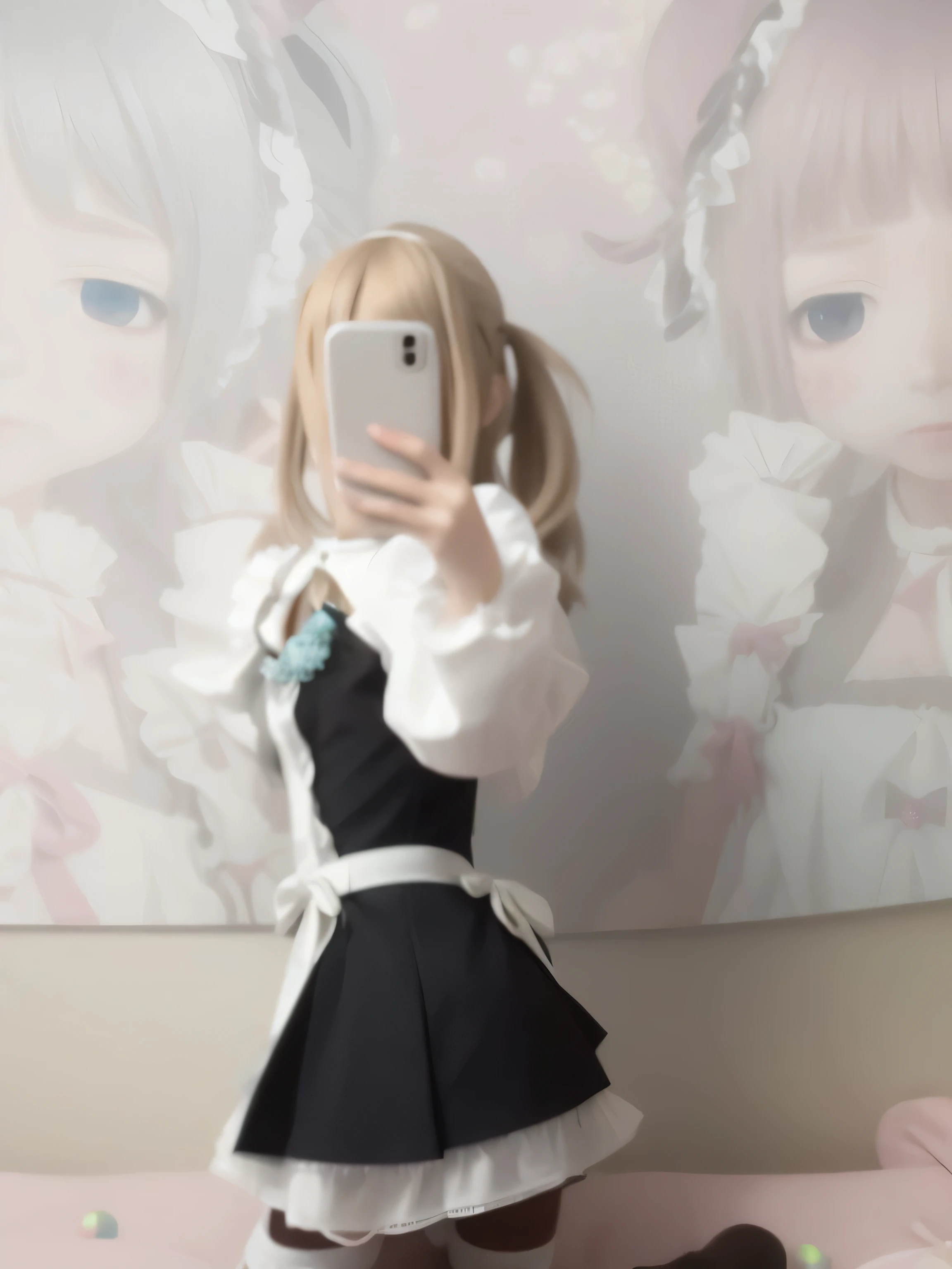there is a doll that is taking a picture of herself, cosplay of a catboy! maid! dress, anime girl in a maid costume, maid outfit, in dress, anime cat girl in a maid costume, anime girl cosplay, maid dress, cute anime waifu in a nice dress, anime girl in real life, sh, anime girl wearing a black dress