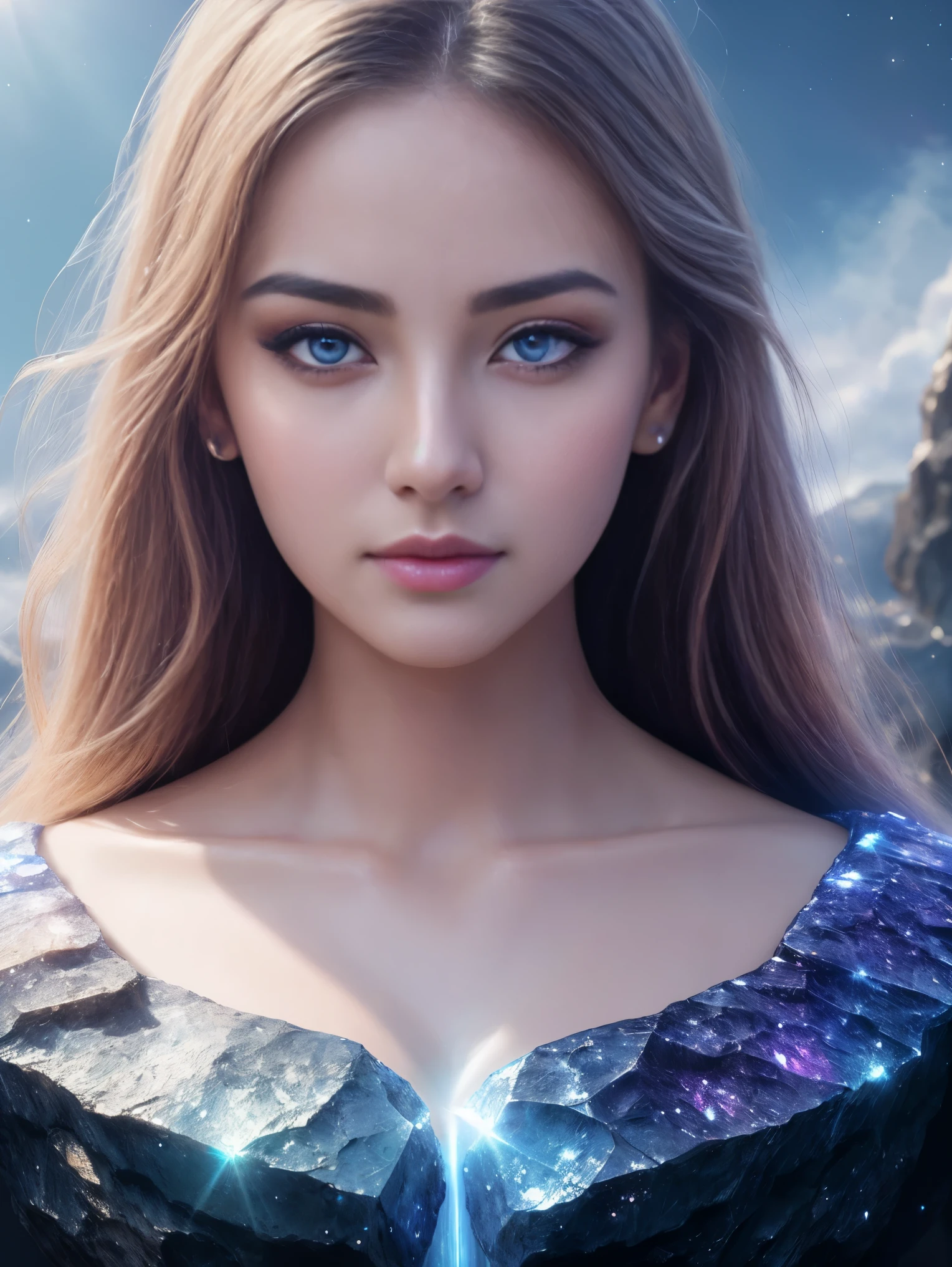 Masterpiece, Superb Girl, Cute Girl, Bust, High Detail Eyes, Perfect Eyes, Portrait, High Detail Face, Same Eyes, Glare, Rainbow Color, Global Illumination, Soft Light, Dream Light, Digital Painting, 8K Close-up, Fantasy, Night Sky, Stars, Nebula, White Crystal, Moonlight, Serenity, Summer, (8K:1.1)