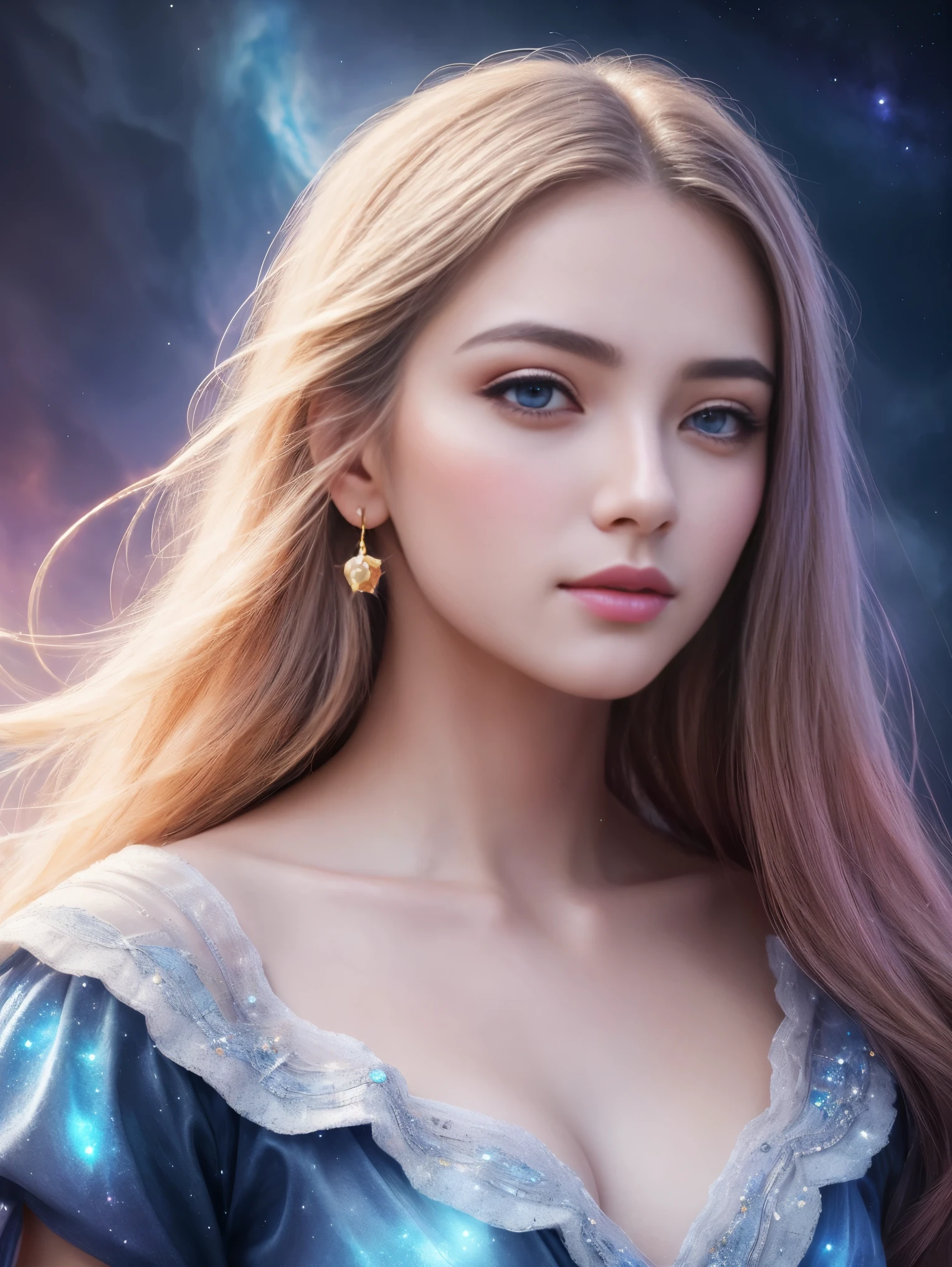 Masterpiece, Superb Girl, Cute Girl, Bust, High Detail Eyes, Perfect Eyes, Portrait, High Detail Face, Same Eyes, Glare, Rainbow Color, Global Illumination, Soft Light, Dream Light, Digital Painting, 8K Close-up, Fantasy, Night Sky, Stars, Nebula, White Crystal, Moonlight, Serenity, Summer, (8K:1.1)