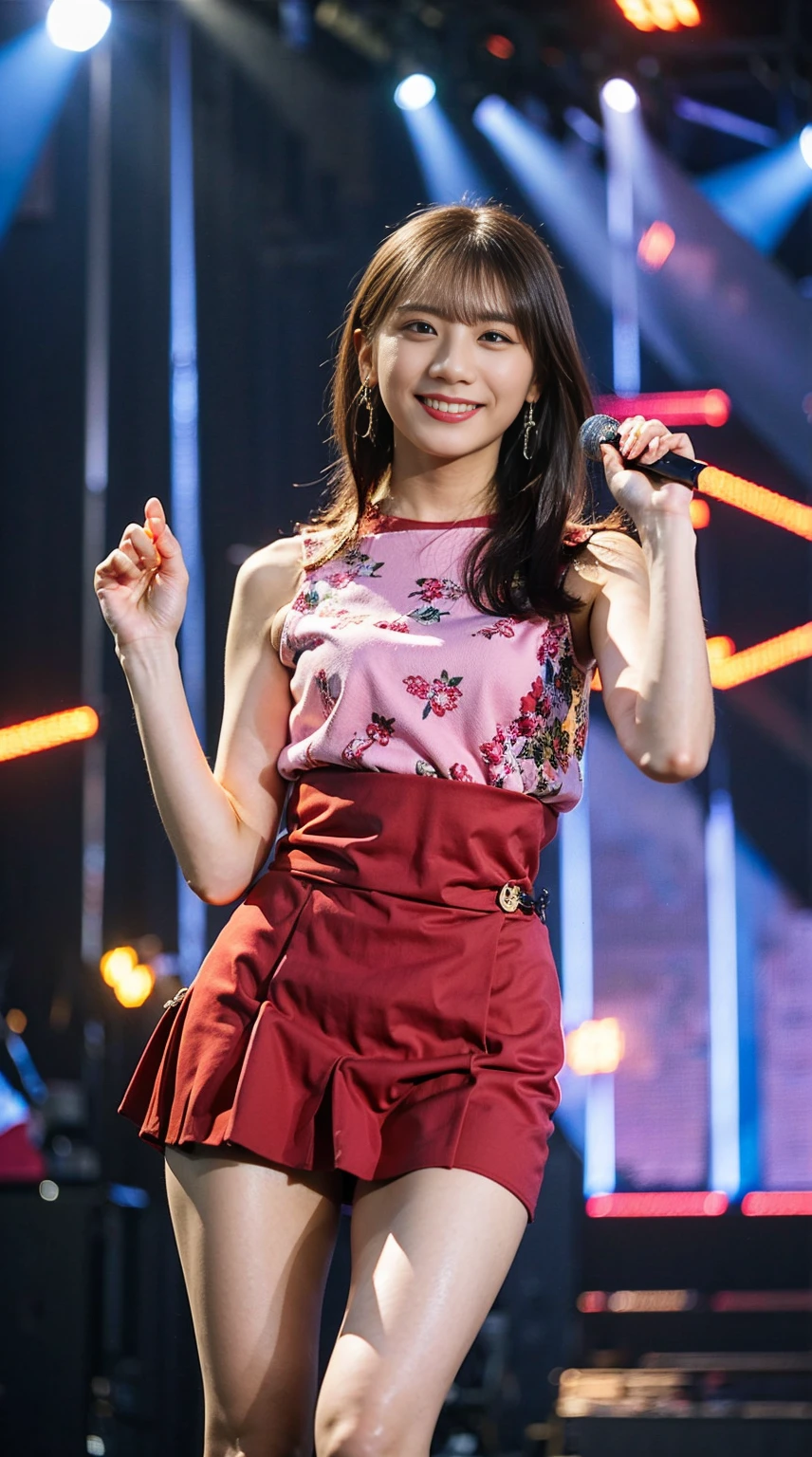masterpiece, great work, whole body, 1 girl,  mini skirt, blush, bracelet, beautiful breasts, , gradient hair, long hair, looking at the audience, loose earrings, checked skirt, red eyes, ring, smile, alone,  fashion, woman, vitality,  take a pose, front, colorful,concentrated、whole body画像(1:5）、thin legs、Are standing、put your hands on your hips、idol costume、boots、whole body画像、Chest emphasis、pink costume、stand with legs apart