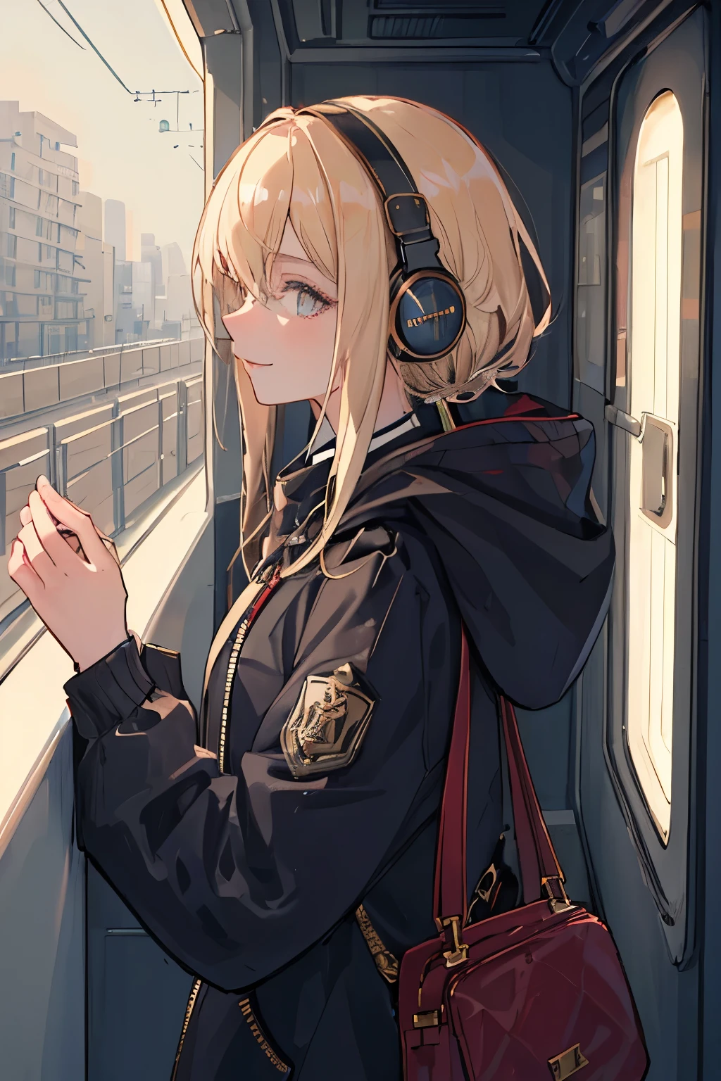 (masterpiece, side light, super detailed, Beautiful detailed eyes: 1.2), 1 girl, bag, building, From the side, headphones, hood, hood down, hooded Jacket, hoodie, Jacket, smile, blonde hair, profile, Do it,blonde, alone, train, train interior, Upper body, masterpiece, highest quality