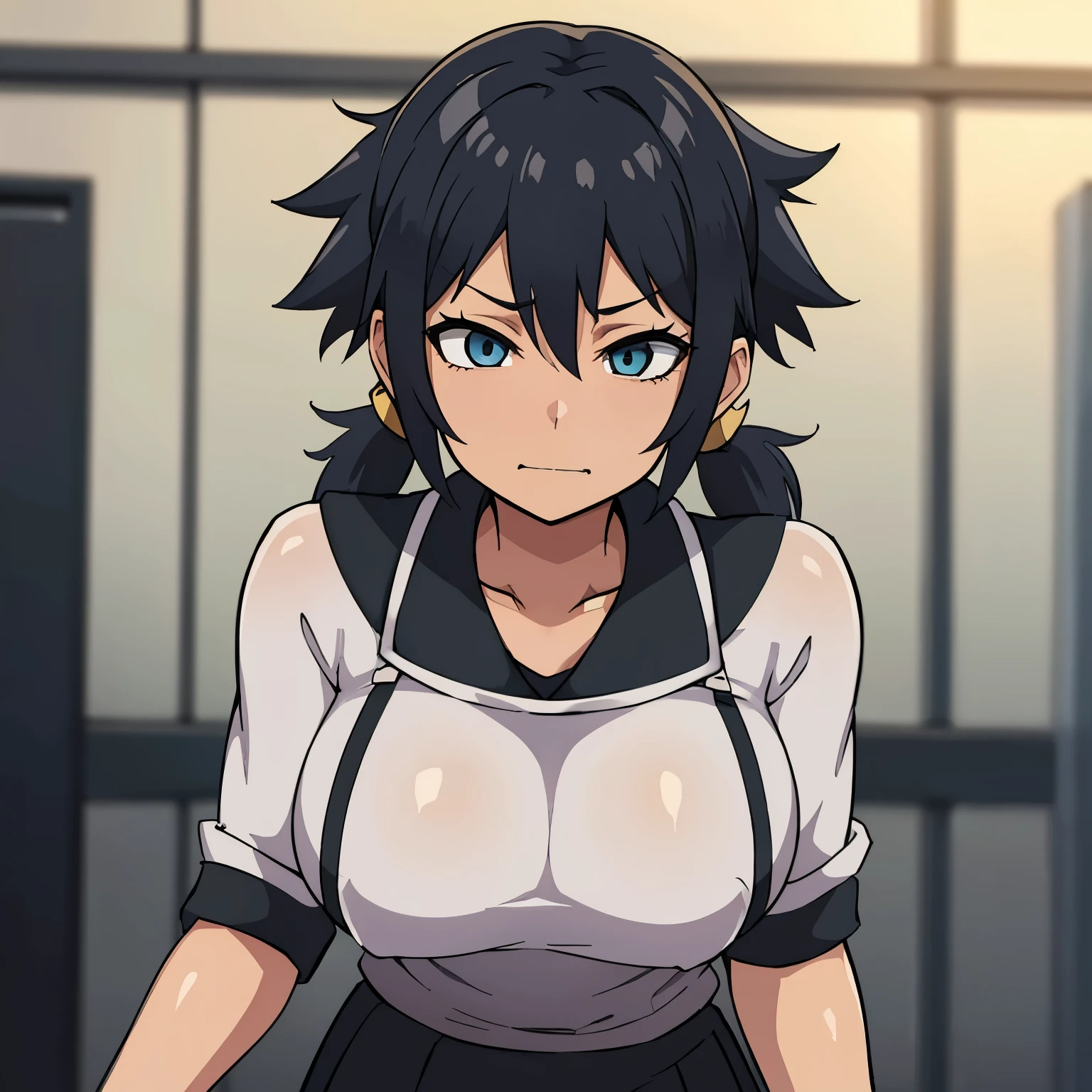 Anime girl with black and yellow hair, her eyes are blue, her hair is tied up in four pigtails, and she wears a  uniform. 