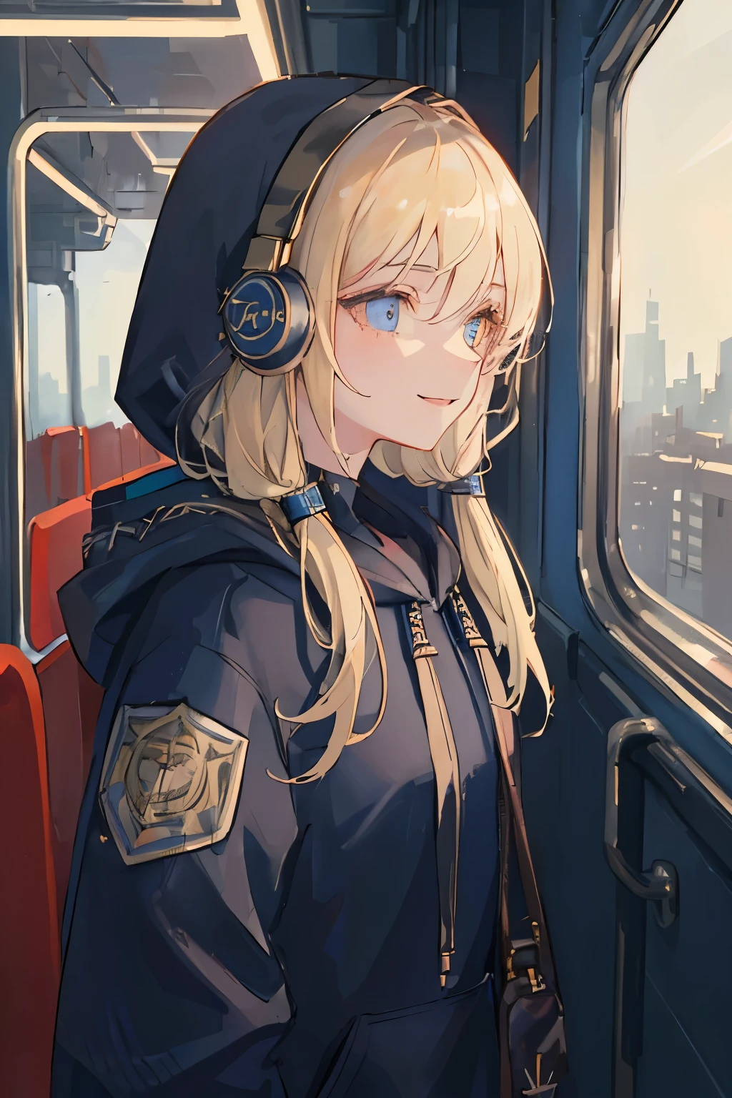 (masterpiece, side light, super detailed, Beautiful detailed eyes: 1.2), 1 girl, bag, building, From the side, headphones, hood, hood down, hooded Jacket, hoodie, Jacket, smile, blonde hair, profile, blue eyes,blonde, alone, train, train interior, Upper body, masterpiece, highest quality