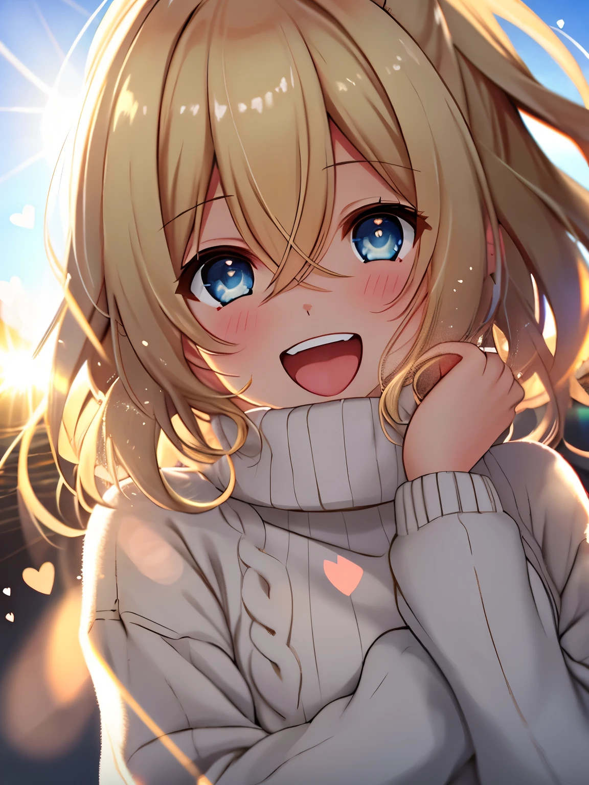 girl, cozy sweater, Upper body, (great laugh:1.1), (open your mouth:1.1), (wide open eyes:1.2), glare of the sun, Bokeh, Depth of bounds written, blurred background, particles of light, strong wind, (heart particles:1.1),blonde,blue eyes
