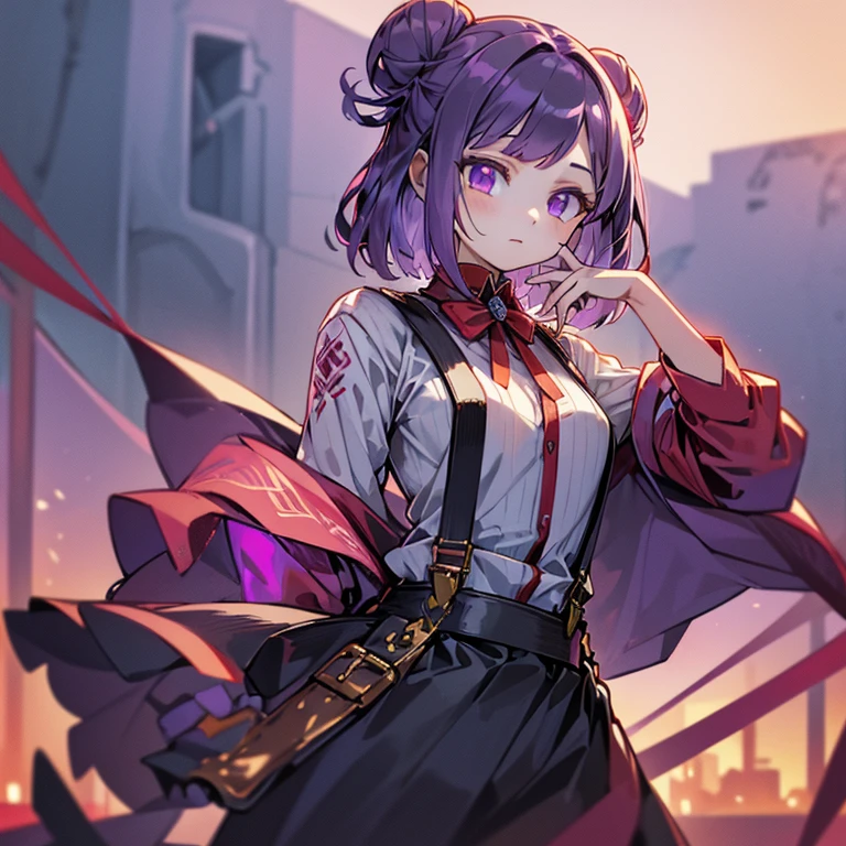 masterpiece,Two dimensions,young girl,cute,small breasts,bun hair,fine hair,short bob,Curled hair tips,purple hair,crimson eyes,complicated clothes,red linen clothes,Clothes with white chest,black suspenders,black and purple skirt,fine decoration