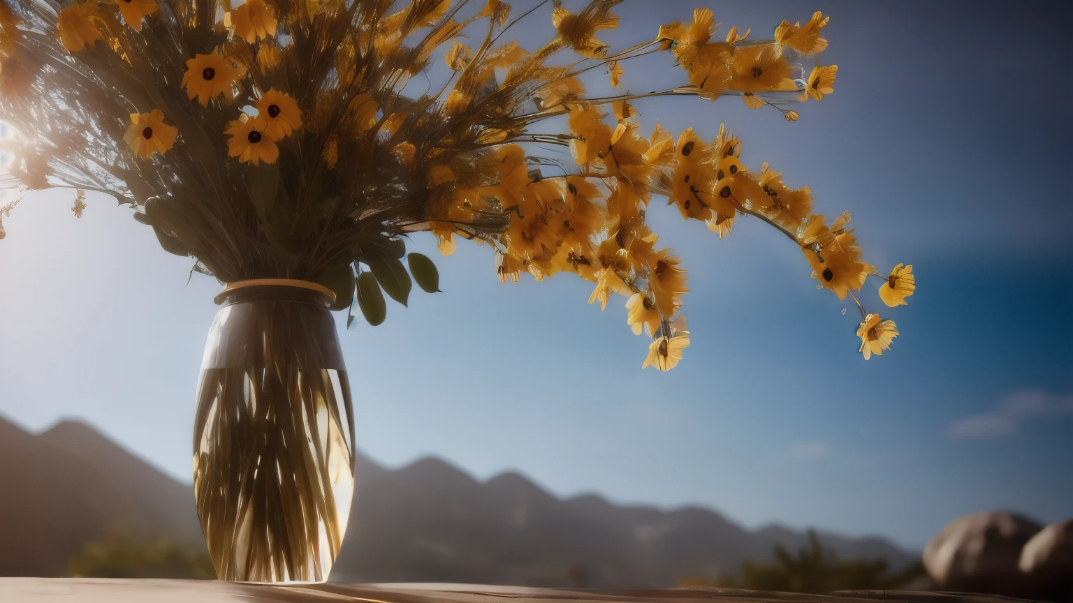 hyper ultra realistic photographs full body of A bright bouquet of mixed summer flowers – daisies, lilies, and sunflowers – bursts with color in a crystal vase. The vase gleams in the sunshine, casting joyful reflections against a clear blue sky backdrop. ratio 16:9, 4k, 8k resolution, High quality photo, high detailed, imagesharp focus, Cinematic lighting,hyperdetailed & Unreal engine, detail, realism, photography,cinematography, camera NIKON, lens NIKKOR flagship, masterpiece. hyper-maximalism, ultradetailed photorealistic, light skin imperfections, final render, vray, photo, fashion