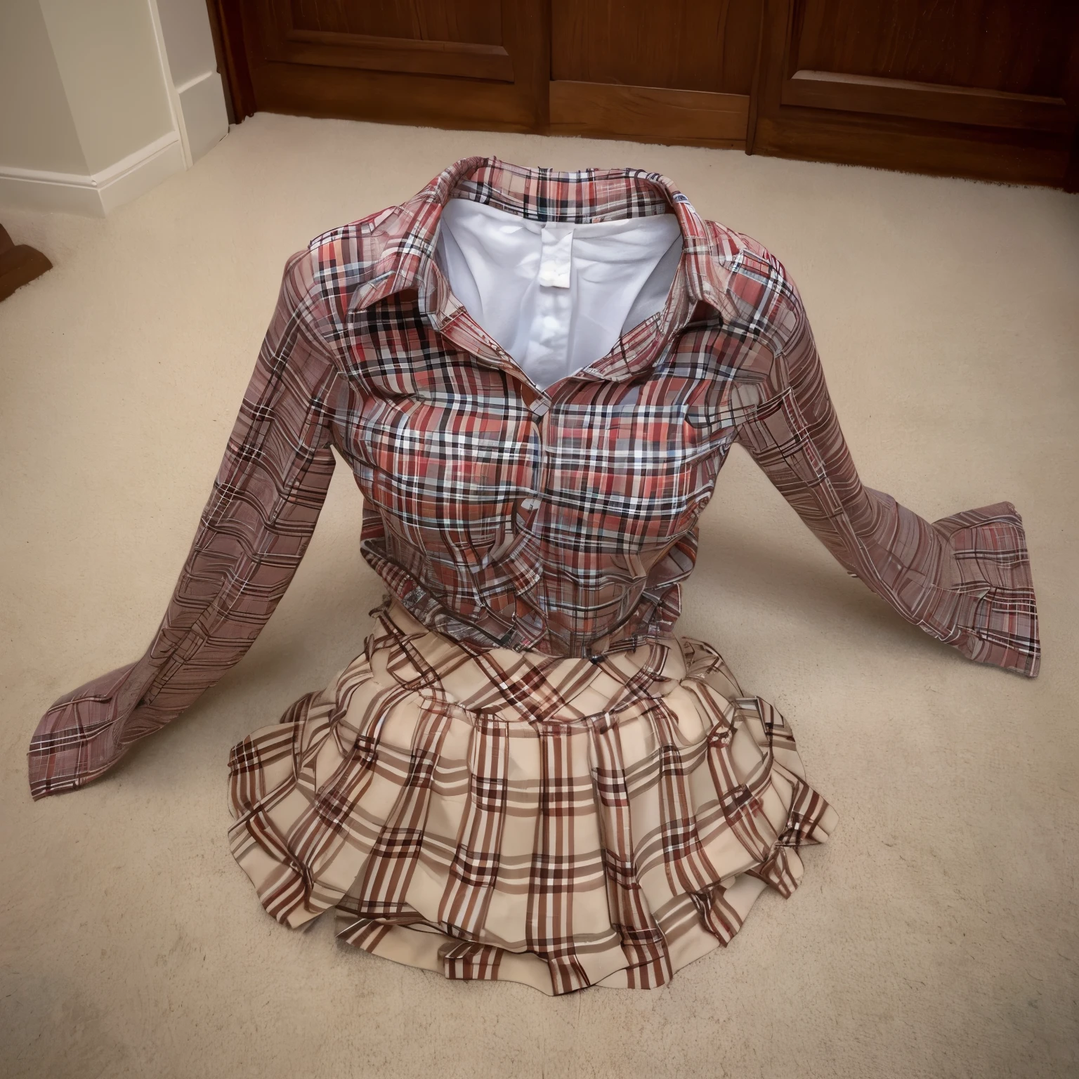 (Arch your back, Hands on hips), Be patient with peeing, Striped tie, Checked skirt, (From below), Polo shirt, (can not see, No humans, Headless, Faceless:1.5), Cute big tits, (8k, RAW Photos, highest quality, masterpiece:1.2), (Realistic, photo-Realistic:1.37), Photon Mapping, Radio City, ((Hasselblad Photography)), Physically Based Rendering, whole body, You can even see the feet