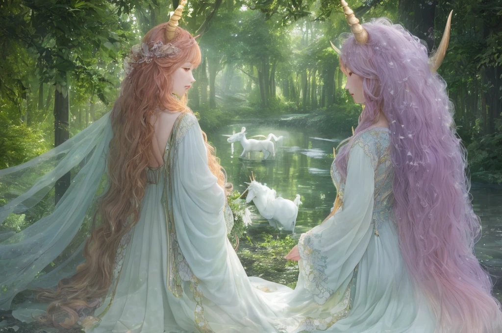 异想天开的魔法森林中一位容光焕发的girl的迷人全身照, Tenderly caressing a majestic unicorn with iridescent horns, Bathed in the ethereal moonlight. girl, Wearing a flowing gown in pastel tones, A gentle smile appeared on the angelic face. Her long, Auburn curly hair hanging down her back, Integrate with lush green trees. unicorn, With radiant mane and tail, 充满信任和爱意地专注地看着girl, Embodying the magic and wonder of fantasy realms. on site, described in --ar 