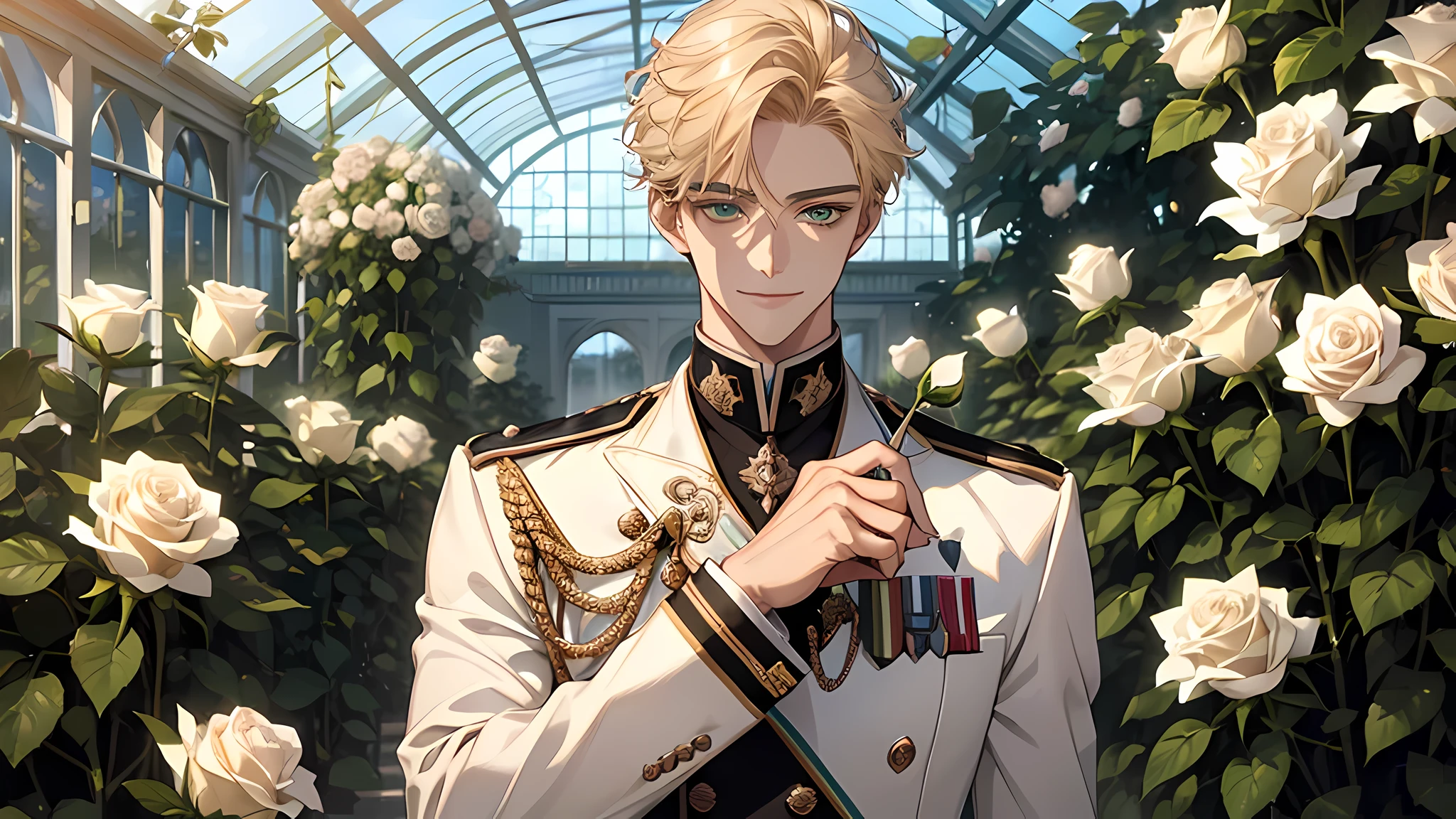 handsome young prince, short blonde hair with white strands, Green eyes, white officer's uniform, white rose, Crystal Rose, Masterpiece, hiquality, detailed face, in a greenhouse, holding a rose, smile face