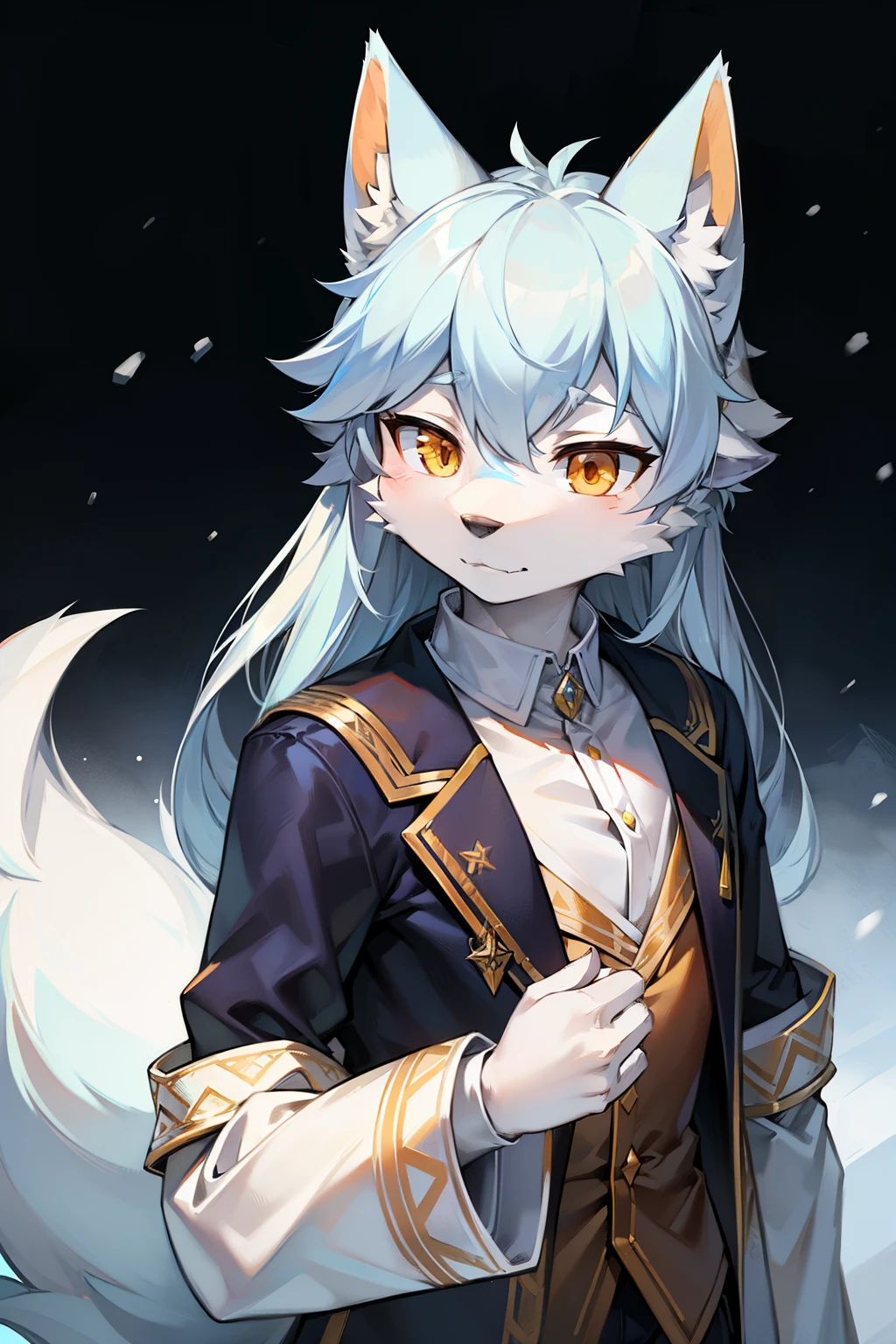 snow mountain snow snow，ร่างกายเต็มfigureแบบ,Young wolf,figure,Masterpiece，Blue long-sleeved jacket,furry tail,Highest picture quality,8ก,Full HD backgrounds，cartoon，cute，general，man，luxurious，furry，white fur，White body，Blue ears，orange-yellow eyes，person only, wolf tail, Wolf ears, ((half body portrait)),Soft noodles，Soft noodles of clothing