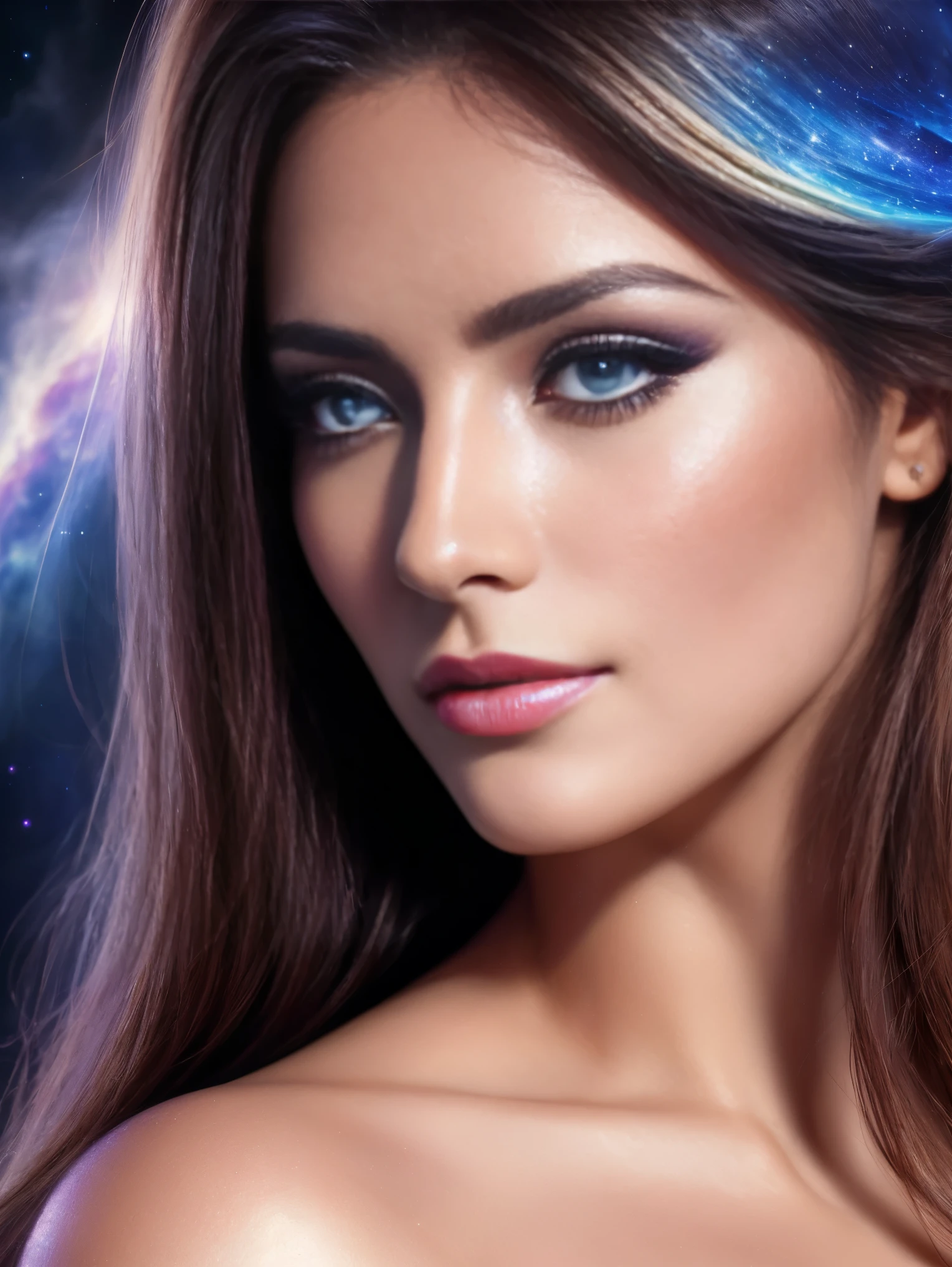 Masterpiece, an ultra hot gorgeous European woman , High Detail Eyes, Perfect Eyes, Portrait, High Detail Face, Same Eyes, Glare, Rainbow Color, Global Illumination, Soft Light, Dream Light, Digital Painting, 8K Close-up, Fantasy, Night Sky, Stars, Nebula, White Crystal, Moonlight, Serenity, Summer, (8K:1.1)