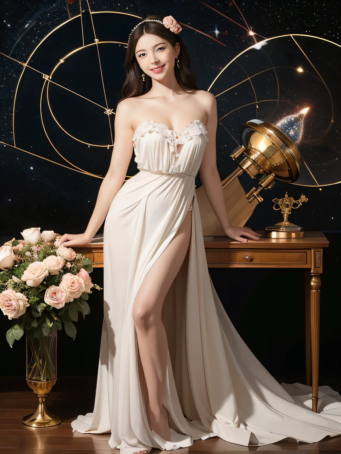 full body portrait or statue、geometry、Stained glass、12 constellations、Vigée Leblanc style、math、Astronomical machinery、astronaut、roses in vase、fruits、Cute trinkets、smile、ancient greek costume、Sandro Botticelli paintings、Clothes that stretch your shoulders、A big smile、expression of ecstasy、sexy、beautiful bare skin、A detailed representation of the seducing woman throughout her body.