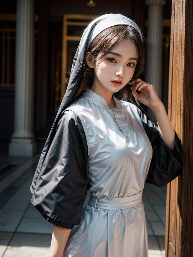 young nun standing near a temple, shy, seductive, love