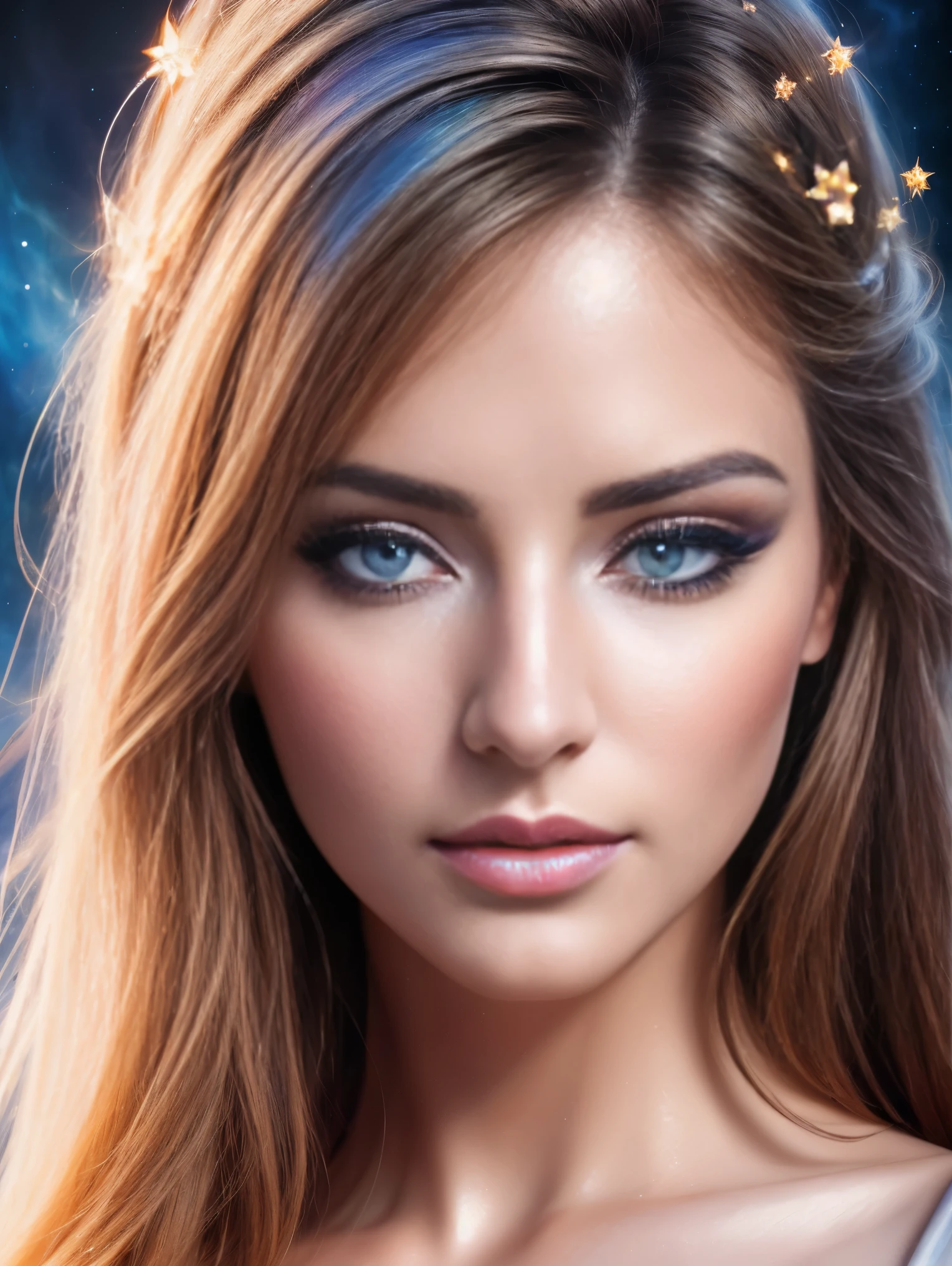 Masterpiece, an ultra hot gorgeous European woman , High Detail Eyes, Perfect Eyes, Portrait, High Detail Face, Same Eyes, Glare, Rainbow Color, Global Illumination, Soft Light, Dream Light, Digital Painting, 8K Close-up, Fantasy, Night Sky, Stars, Nebula, White Crystal, Moonlight, Serenity, Summer, (8K:1.1)