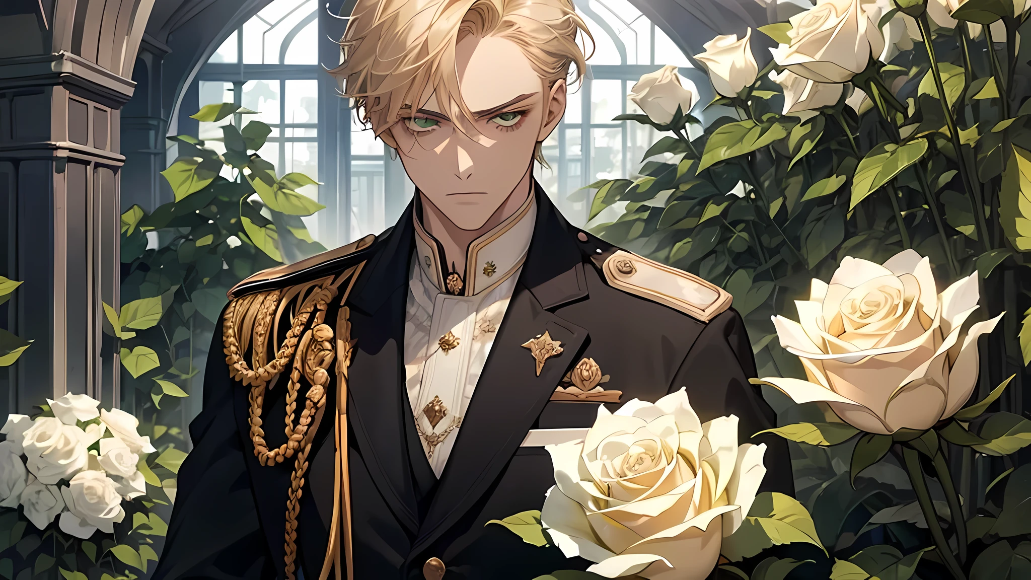 handsome young prince, short blonde hair with white strands, Green eyes, white officer's uniform, white rose, Crystal Rose, Masterpiece, hiquality, detailed face, in a greenhouse, talking, serious face, frown