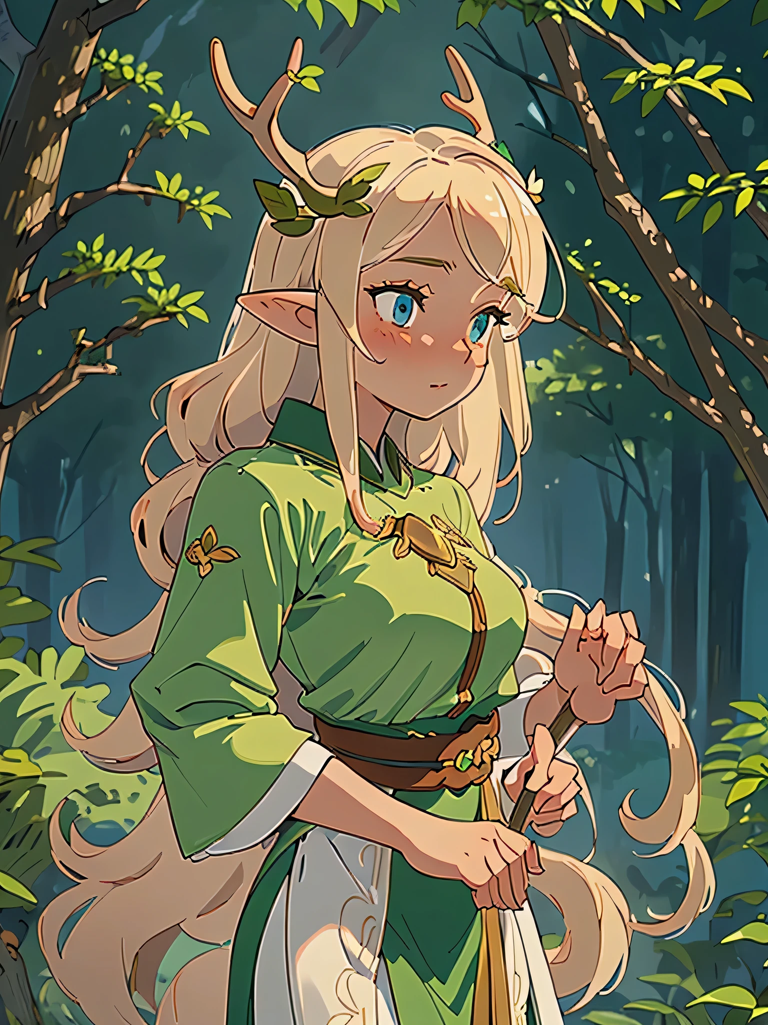 (masterpiece, best quality), 1 girl, intricate details, blonde, leaf, curls, looking at the audience, Elf, Upper body, forest, decorate, mist, antlers,