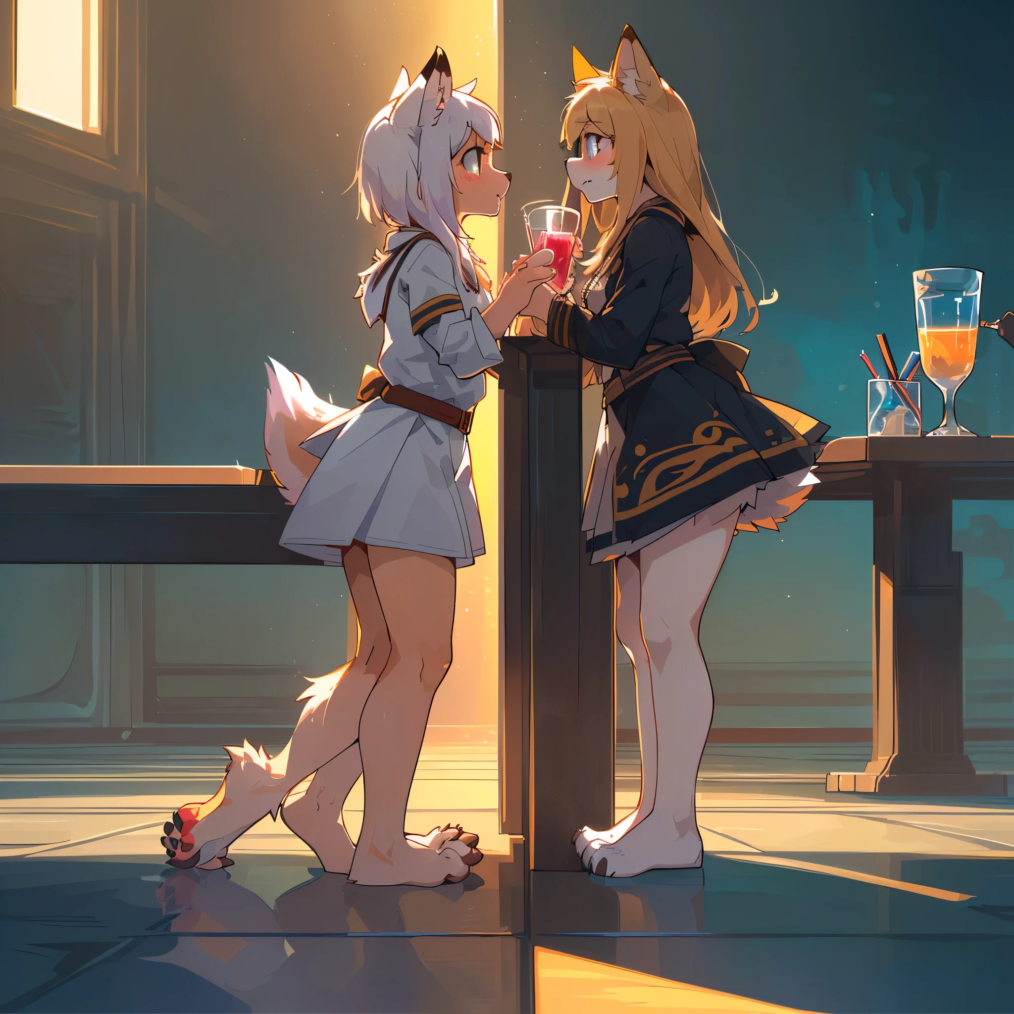 kissing girls, furry, anthro, female, naked, puppy, small breasts, thin body, young, standing on stage, with slave collar, legs spread, blushing face, mouth open, tongue hanging out, lewd, rubbing breasts, hugging partner, at night, with torch light, fantasy brothel stage , super detail, masterpiece, super detail, high quality, high resolution, high detail, messy hair, with crowd of naked onlookers