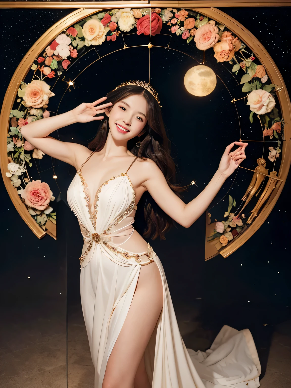 full body portrait or statue、Stained glass、Vigée Leblanc style、math、astronomical machine,roses in vase、fruit、Cute trinkets、smile、ancient greek costume、Sandro Botticelli paintings、Costume that stretches your shoulders、A big smile、expression of ecstasy、sexy、beautiful bare skin、Detailed representation of the seducing woman throughout the body