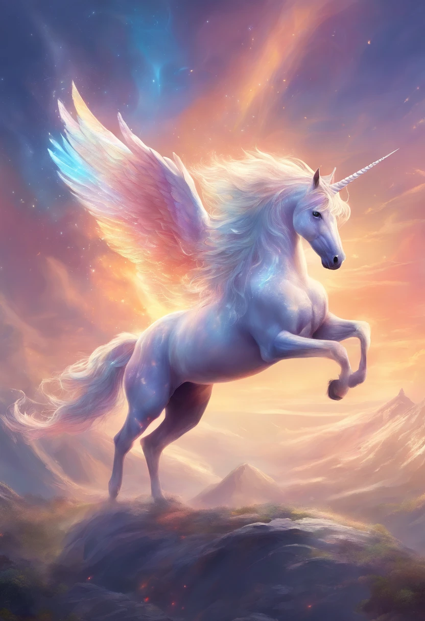 best quality,Super detailed,Actual Unicorn Bright Fantasy Magical Unicorn Anatomically Correct Possessing Powerful Wings Flying in the Sky Soft Ethereal Light Enveloped in a Sparkling Magical Aura Artistic Master Illustrator Masterpiece