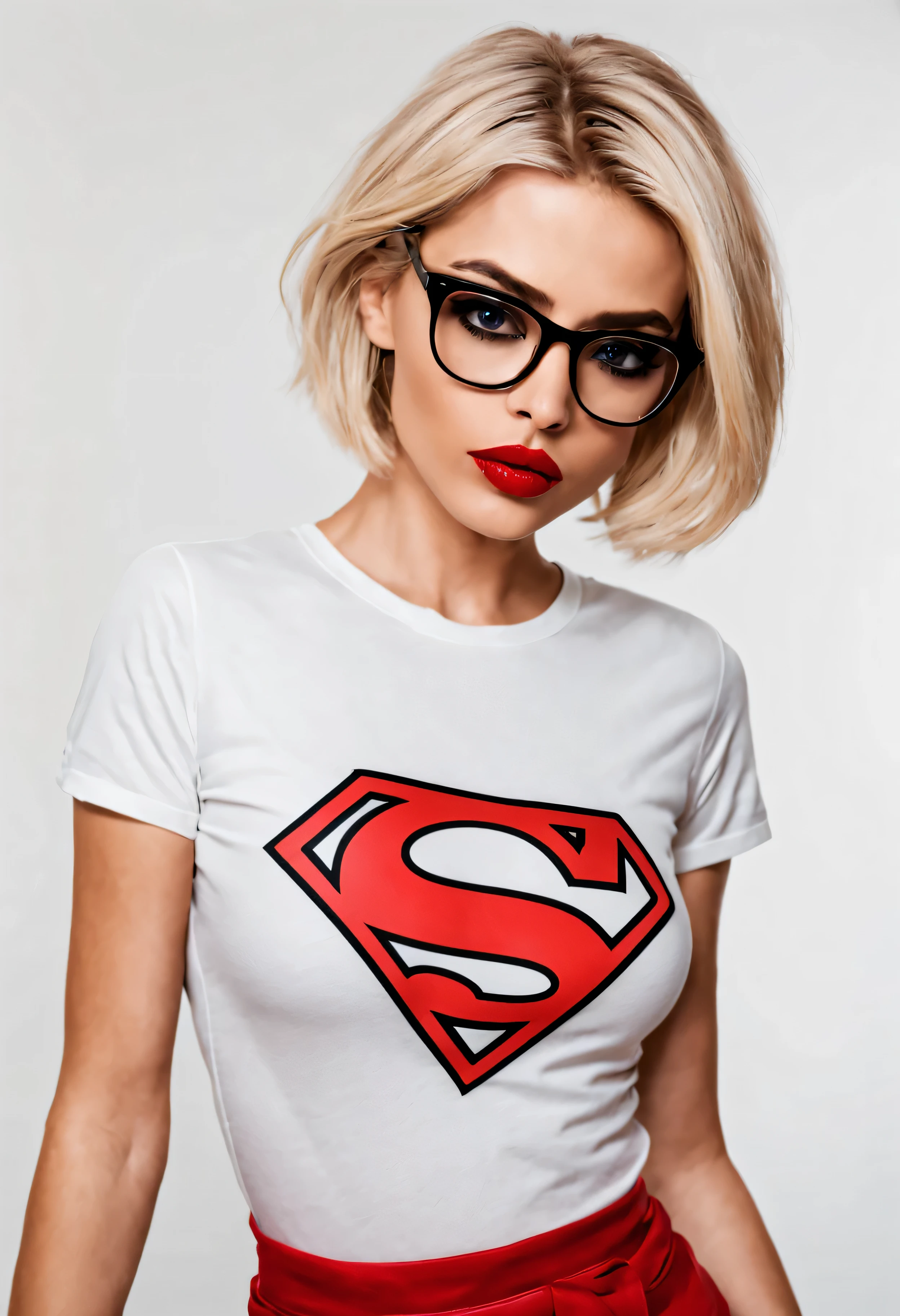 blondie girl, short hair, supergirl logo on shirt, with red big lips and black glasses on, white shirt, no background, slutty look, big