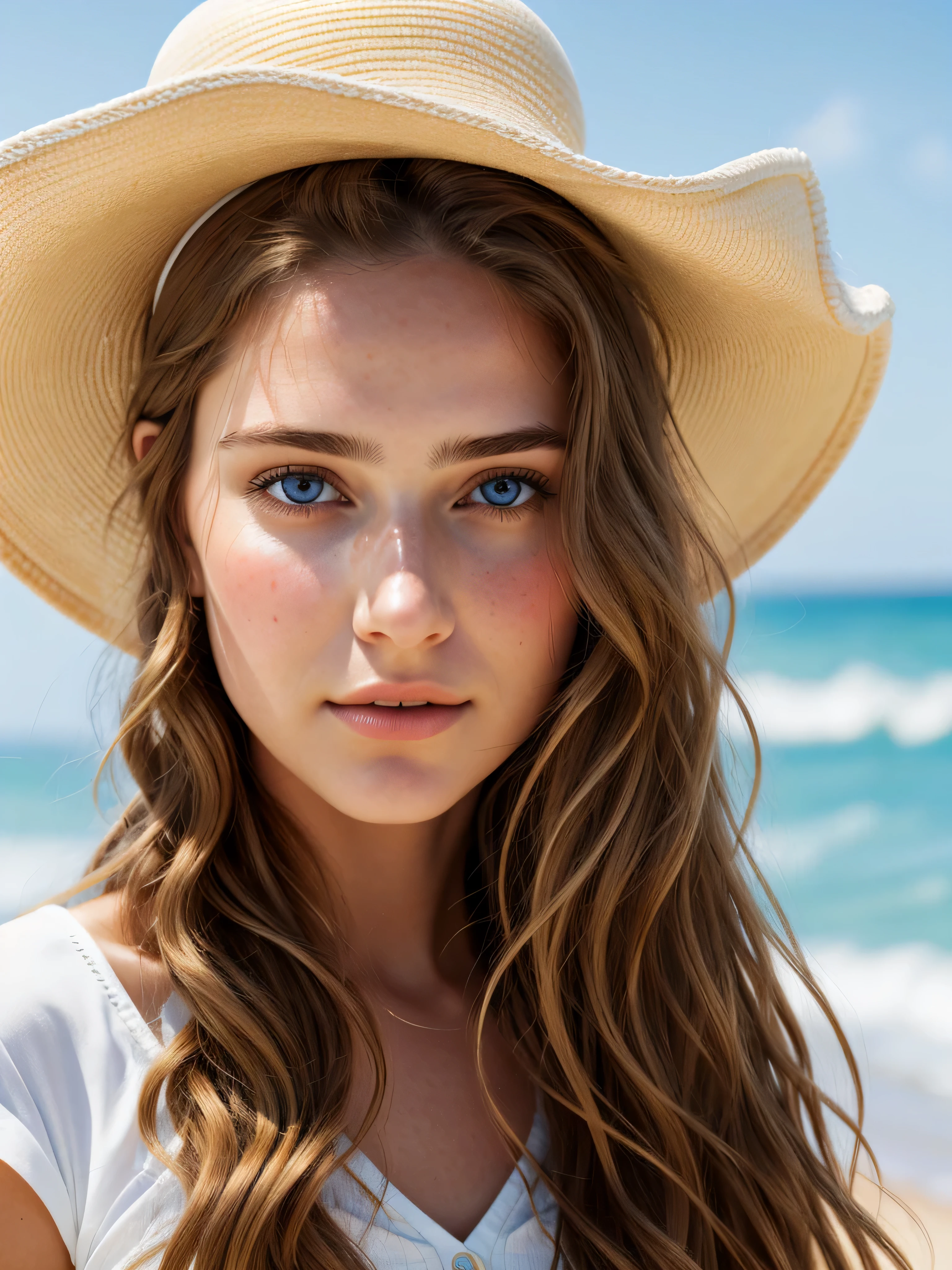 Jolie jeune femme sur la plage, porter un chapeau d'Summer,
Highly detailed and complex, 25 ans,
Visage innocent rayonnant de charme et d'innocence,
Long wavy golden hair cascading down her back,
Blue eyes sparkling with life and wisdom,
High-resolution image, A true masterpiece,
Best quality images, mettant en valeur chaque detail,
Mise au point nette capturant chaque texture et chaque ride,
Realistic skin texture with complex pores and imperfections,
Detailed eyes reflecting the depth of his soul,
Capture professionnellement avec la technologie 4K,
Ultra-realistic and photorealistic in
