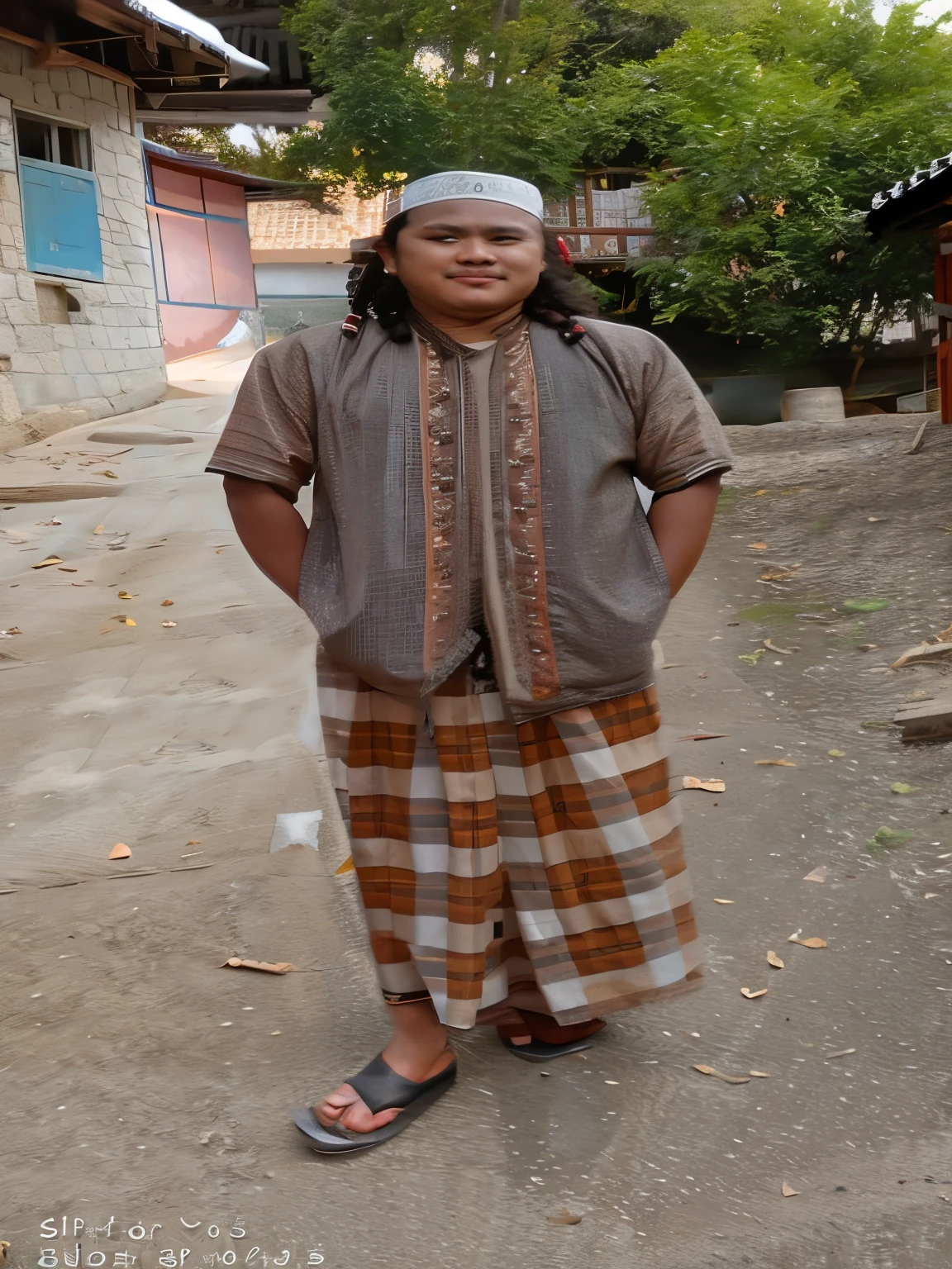 arafed man standing in front of a house in a village, wearing authentic attire, wearing traditional garb, traditional clothes, traditional clothing, full body picture, wearing an elegant tribal outfit, inspired by I Ketut Soki, traditional dress, barong family member, portrait full body, traditional costume, dressed with long fluent clothes, full portrait, sukhothai costume