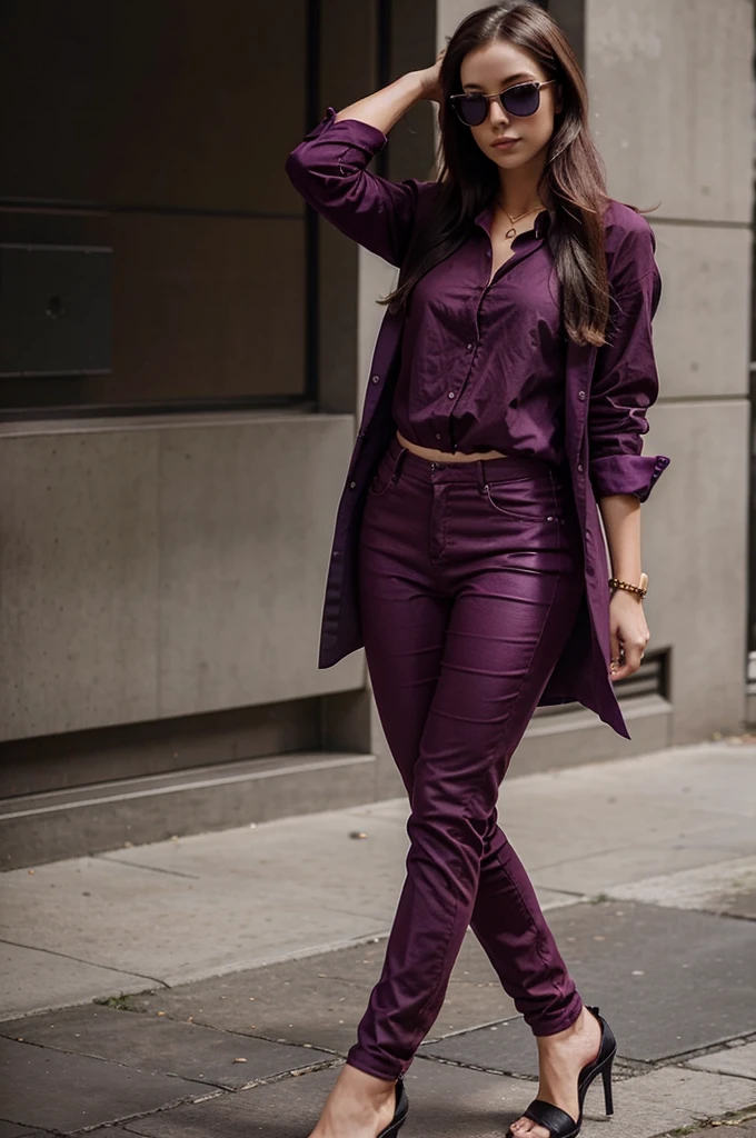 girl wearing a maroon shirt, loose purple pants, black heels, stylish accessories, black goggles. free-flowing hair, chic look, stylish still