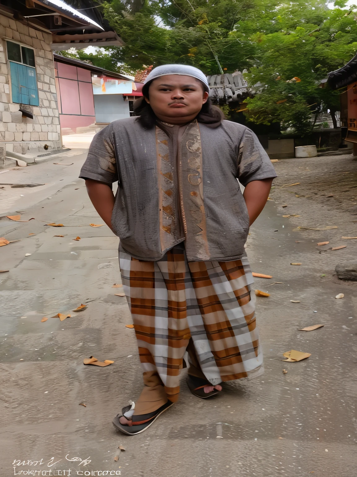 arafed man standing in front of a house in a village, wearing authentic attire, wearing traditional garb, traditional clothes, traditional clothing, full body picture, wearing an elegant tribal outfit, inspired by I Ketut Soki, traditional dress, barong family member, portrait full body, traditional costume, dressed with long fluent clothes, full portrait, sukhothai costume