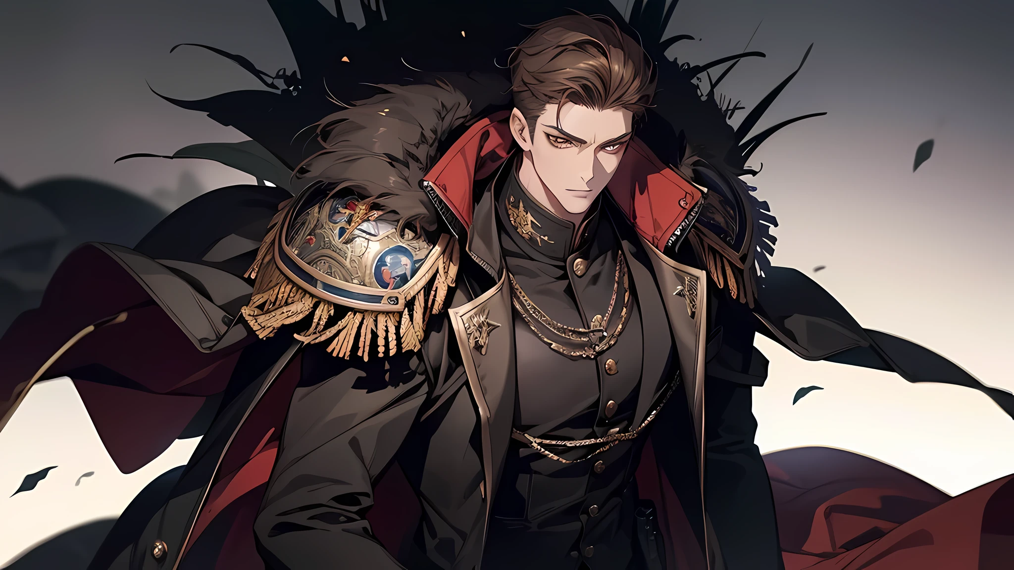 (absurderes,A high resolution,ultra - detailed),Soldiers in dark uniforms and rifles,mature,Handsome,Tall muscular man,a broad shouldered,brown hair,Yellow eyes,knight uniform,Fine eyes and detailed face, medieval times, tmasterpiece, Best quality at best, 1boy, (Hold a gun in hand), Two shots, intricate guy, Handsome, short detailed hair, T 恤, black black jacket, Black pantsuit, The upper part of the body,danger atmosphere,ruined background,Complex background(Warhammer fantasy theme:1.1)
