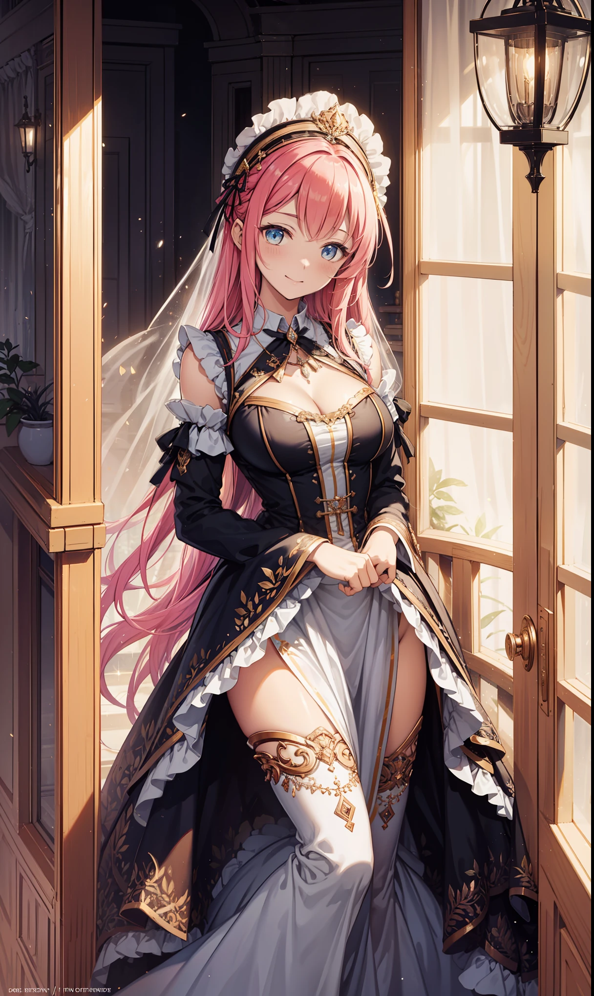 (best quality, high resolution, textured skin, high quality, high detail,Extremely detailed CG unification),20-year-old young woman,Obsessed,Divine happiness,in love,(light victorian dress:1.2),pink hair,blue eyes,(Fabric headdress),Minimalism,Multiple layers of delicate ruffles,Lots of lace,Multi-colored cloth,delicate embroidery,Exquisite pattern,Fabric headdress,Beautifully dressed,see through transparent clothes,bedroom,night,Show off,night,the only person,fluttering skirt,