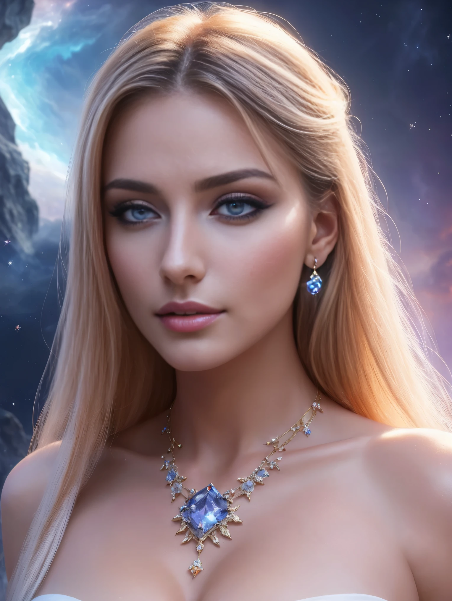 Masterpiece, an ultra hot gorgeous European woman , age 23, High Detail Eyes, Perfect Eyes, High Detail Face, Same Eyes, Glare, Rainbow Color, Global Illumination, Soft Light, Dream Light, Digital Painting, 8K, Fantasy, Night Sky, Stars, Nebula, White Crystal, Moonlight, Serenity, Summer, (8K:1.1)