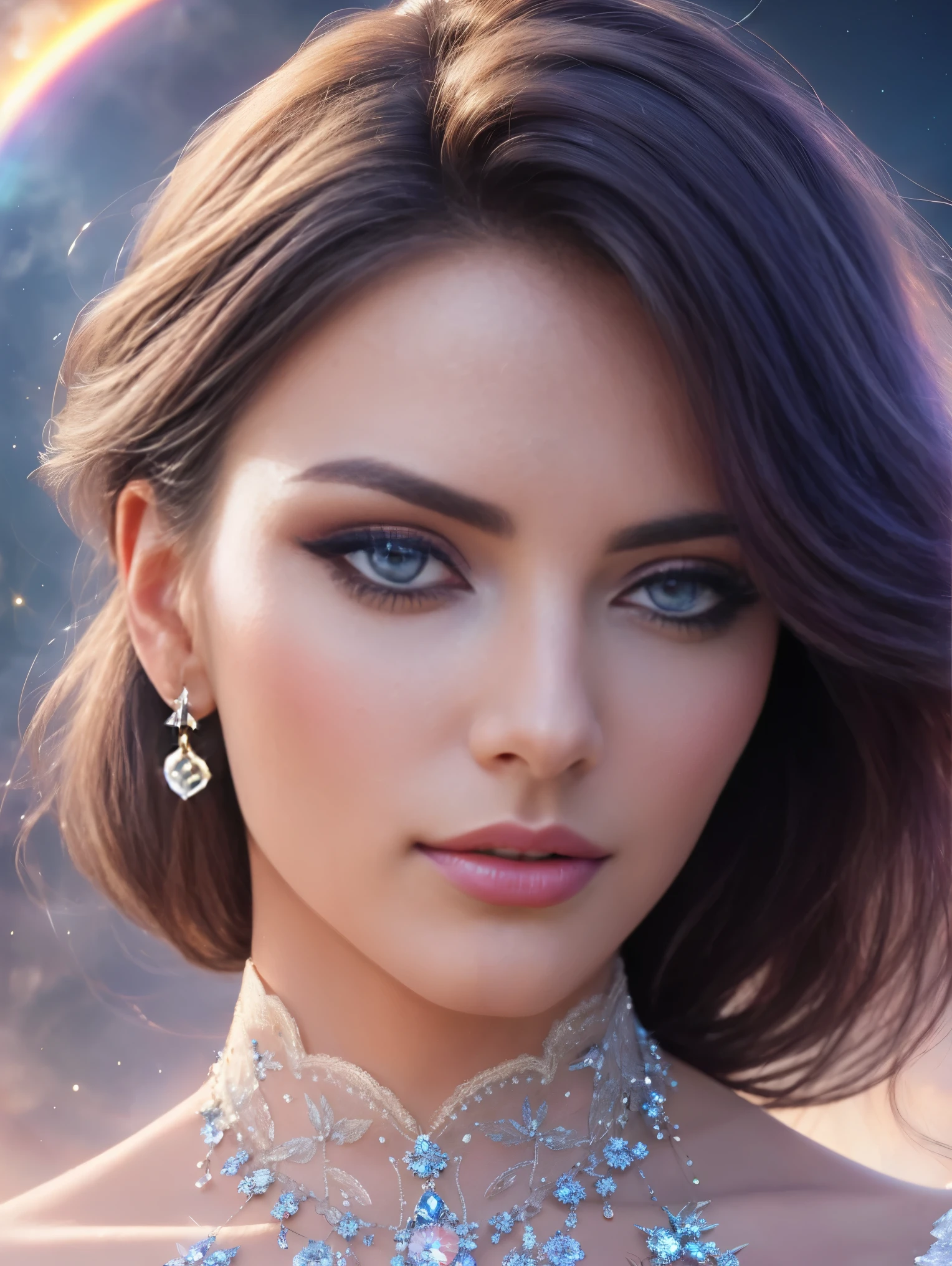 Masterpiece, an ultra hot gorgeous European woman , age 23, High Detail Eyes, Perfect Eyes, High Detail Face, Same Eyes, Glare, Rainbow Color, Global Illumination, Soft Light, Dream Light, Digital Painting, 8K, Fantasy, Night Sky, Stars, Nebula, White Crystal, Moonlight, Serenity, Summer, (8K:1.1)