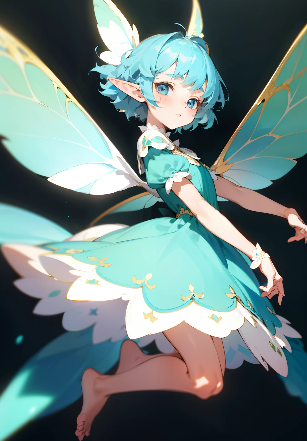 1 girl, cute girl,little girl,,detailed meticulous, (best quality), (intricate details), cute style, Fairy style, fantasy style, colorful, ((blue short hair)), whole body,simple clothes,barefoot, elf ears, Fairy wings, best quality, ((Short puffy white dress)), ((round eyes)), pretty face, permanent, cute pose, cute face, Karasumi, perfect face, forest background.symmetry.