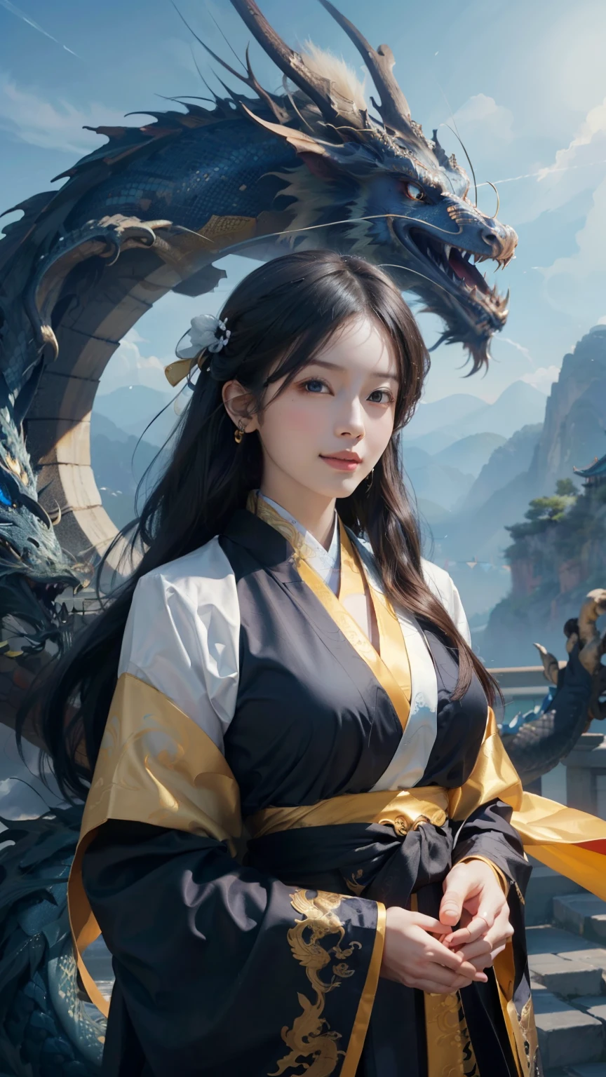 a 20-year-old woman , a woman standing next to a Chinese dragon, the whole painting uses a beautiful and gorgeous, dark blue eyes, long hair fluttering, the whole painting shows excellent photo real details, light and shadow tracing, rich details, close-up, dragon girl portrait, Chinese bun hair, dragon-inspired cloth robe, winding dragon , asian girl, flowing black long hair, dragon Chinese in the background, golden and platinum chinese dragon, hanging ornaments, Chinese fantasy, Gorgeous hanfu, (most beautiful form of chaos), (Ribbon:1.3), (Dream:1.5), (thangka flying sky: 1.5), (realistic portrait), official art, unity 8k wallpaper, very detailed, realistic, ultrarealistic super detailed, beautiful quality, masterpiece, best quality, (fractal art: 1.4), ray tracing, (character center: 1.3), high-contrast, vibrant color, dynamic angle, look at viewer, golden ratio, sexy body, (soft smiling:1.4),