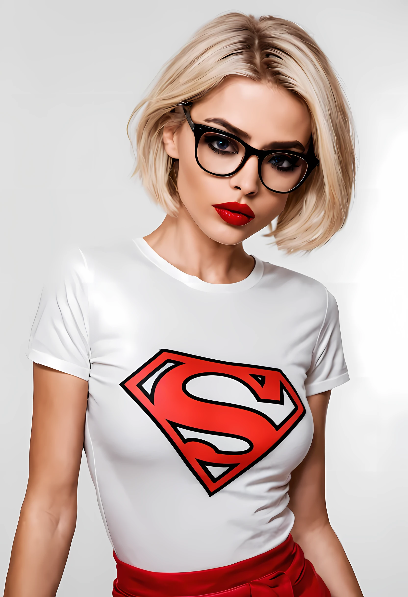 blondie girl, short hair, supergirl logo on shirt, with red big lips and black glasses on, white shirt, no background, slutty look, big