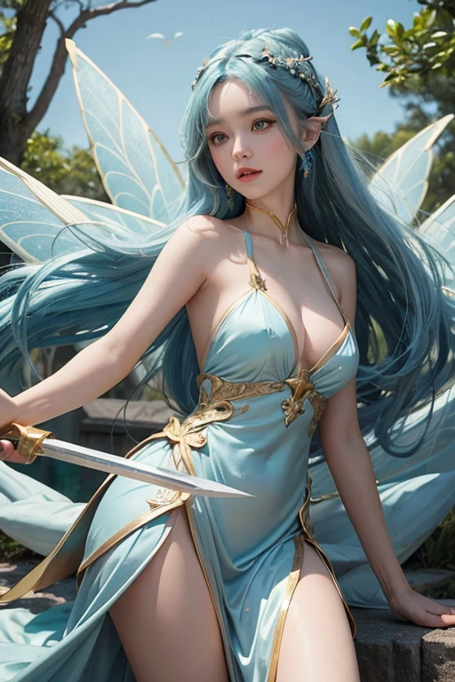 fairy with blue hair, with golden wings, white dress, Japanese face, green eyes, with a sword