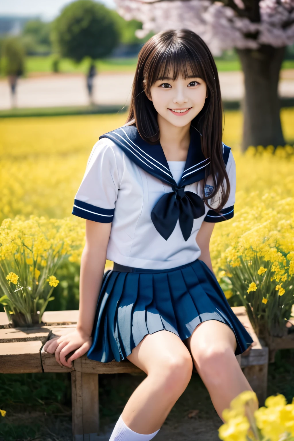 masterpiece, Best Quality, 8K, 1 girl, (18 years old), r, Raw photo, smile, Solo, (A super cute idol-like face:1.4), Delicate girl, Black hair, middle bob hair, straight hair, bangs, Looking at Viewer, Candid, Sophisticated, Professional Lighting, Film grain,  whole body, beautiful figure, The background is a field of yellow rape blossoms and rows of cherry blossom trees,  (White shirt, sailor school uniform, navy pleated skirt:1.2), tiny chest, Cherry Blossom, Sitting on the bench, 