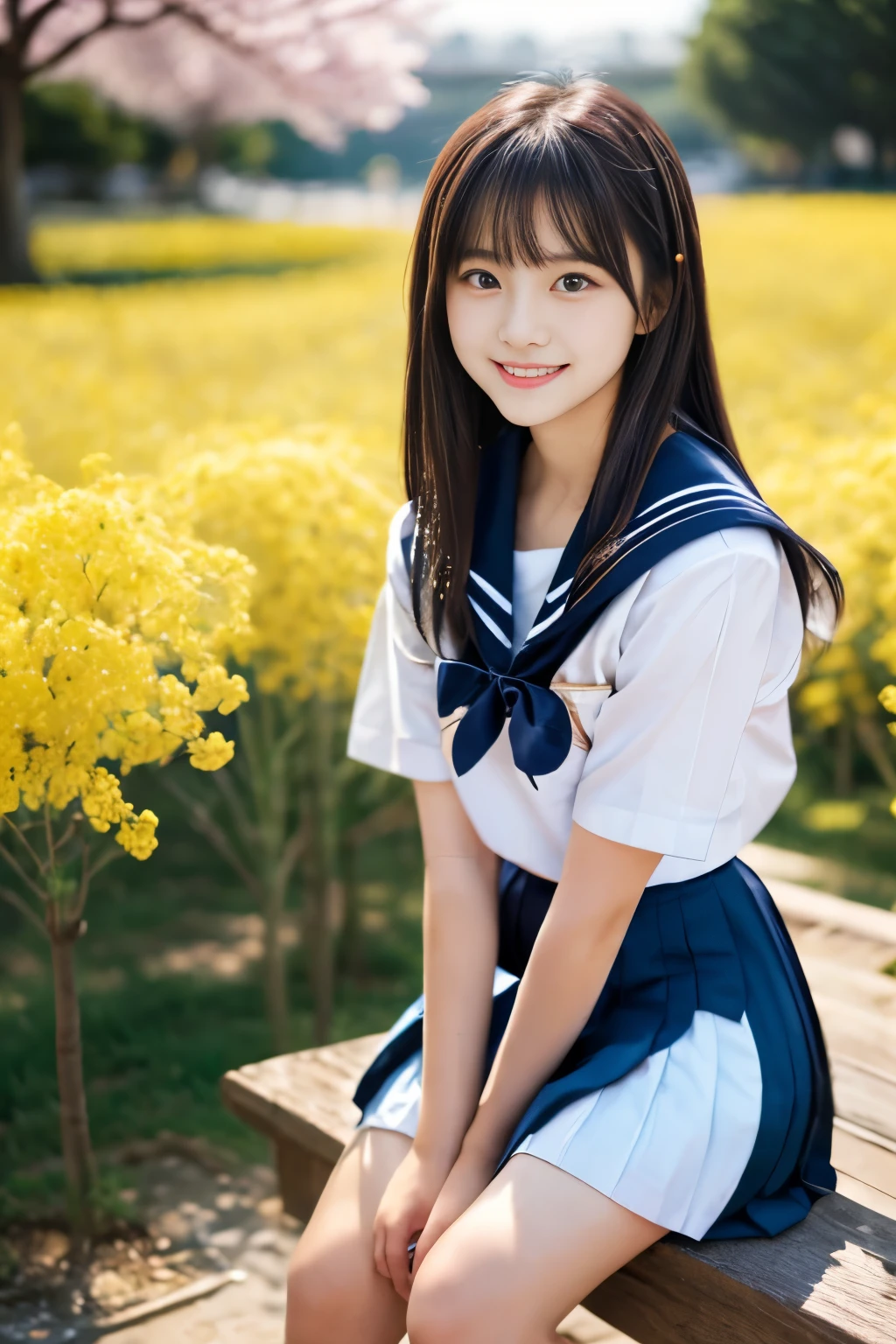 masterpiece, Best Quality, 8K, 1 girl, (18 years old), Teen ager, Raw photo, smile, Solo, (A super cute idol-like face:1.4), Delicate girl, Black hair, middle bob hair, straight hair, bangs, Looking at Viewer, Candid, Sophisticated, Professional Lighting, Film grain, whole body, beautiful figure, The background is a field of yellow rape blossoms and rows of cherry blossom trees, (White shirt, sailor school uniform, navy pleated skirt:1.2), tiny chest, Cherry Blossom, Sitting on the bench,