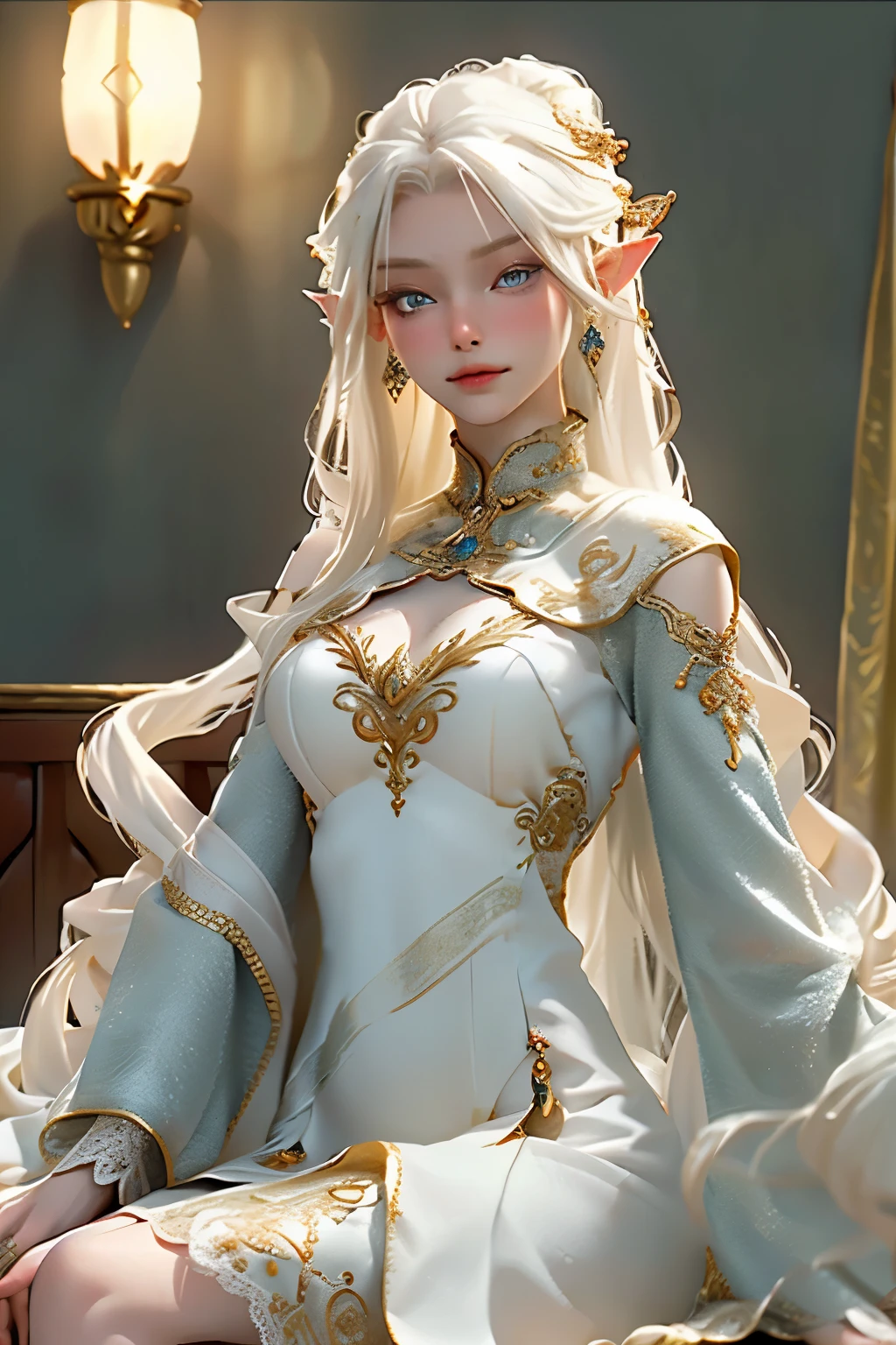 A beautiful elf woman, adorned with golden eyes and cascading white hair, stands gracefully in a tranquil bedroom setting. The RPG art depicts her wearing an intricately designed dress that hugs her slender figure, with a flowing train that suggests an air of regality. Her attire is detailed, with delicate embroidery and shimmering threads that reflect the light, making each thread stand out. The bedroom environment is rendered in high resolution, every detail from the textured walls to the soft furnishings visible with crystal clarity. The elf woman's golden eyes gleam with a mysterious intensity, and her white hair is artfully arranged, framing her delicate features. Her dress,