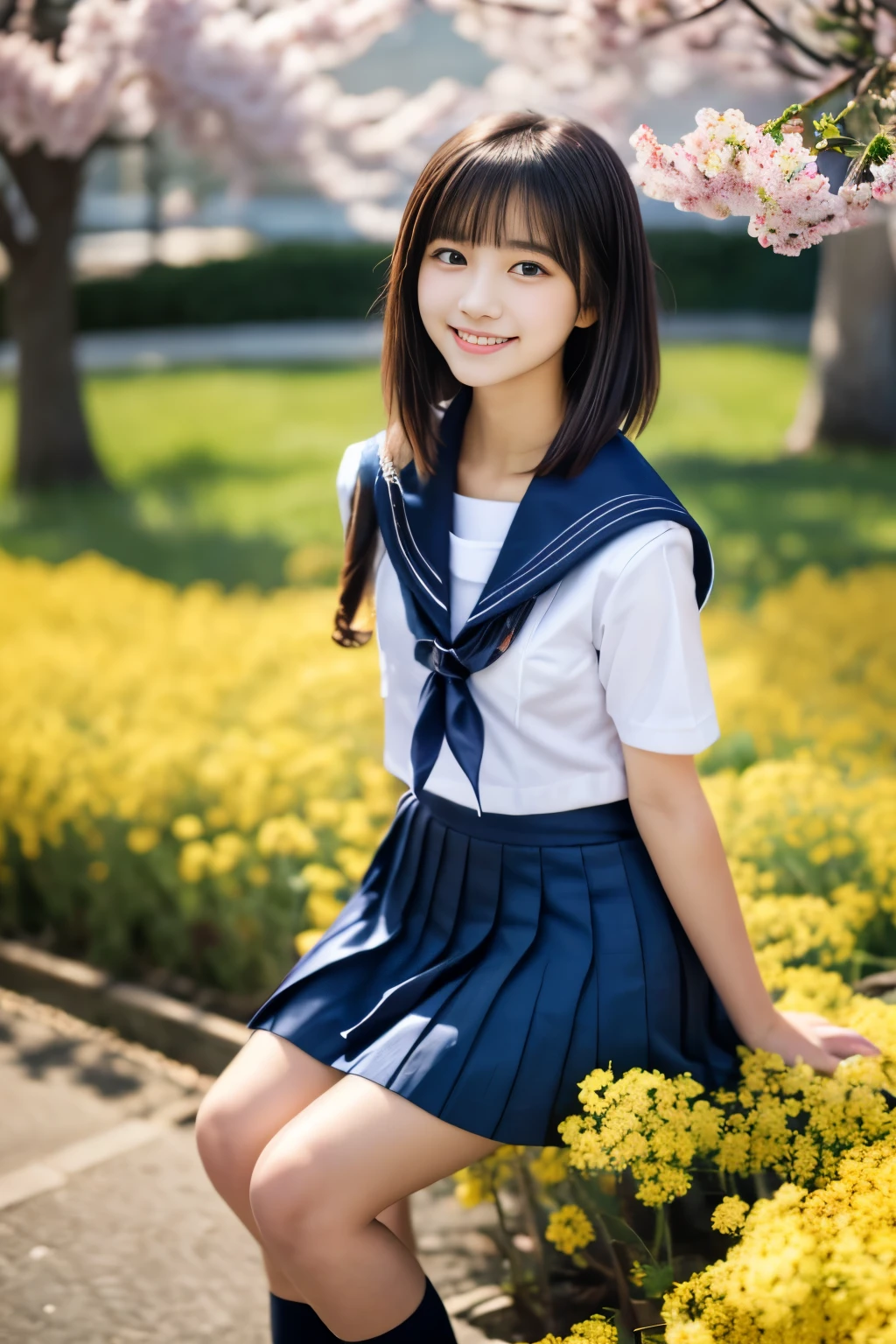 masterpiece, Best Quality, 8K, 1 girl, (18 years old), Teen ager, Raw photo, smile, Solo, (A super cute idol-like face:1.4), Delicate girl, Black hair, middle bob hair, straight hair, bangs, Looking at Viewer, Candid, Sophisticated, Professional Lighting, Film grain, whole body, beautiful figure, The background is a field of yellow rape blossoms and rows of cherry blossom trees, (White shirt, sailor school uniform, navy pleated skirt:1.2), tiny chest, Cherry Blossom, Sitting on the bench,