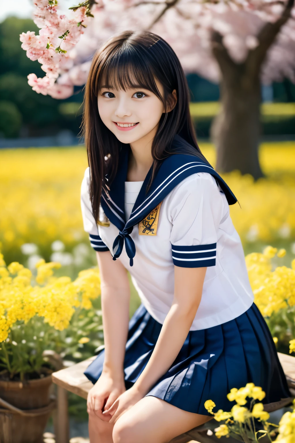 masterpiece, Best Quality, 8K, 1 girl, (18 years old), ********r, Raw photo, smile, Solo, (A super cute idol-like face:1.2), Delicate girl, Black hair, middle bob hair, straight hair, bangs, Looking at Viewer, Candid, Sophisticated, Professional Lighting, Film grain,  whole body, beautiful figure, The background is a field of yellow rape blossoms and rows of cherry blossom trees,  (White shirt, sailor school uniform, navy pleated skirt:1.2), tiny chest, Cherry Blossom, Sitting on the bench, 