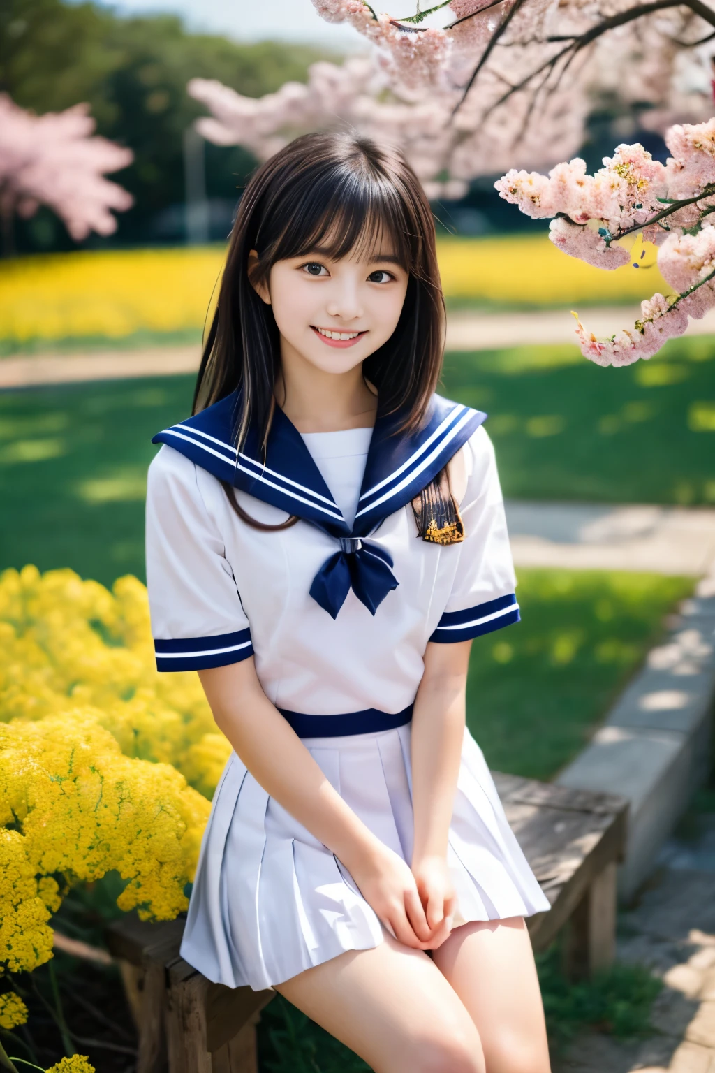 masterpiece, Best Quality, 8K, 1 girl, (18 years old), Teen ager, Raw photo, smile, Solo, (A super cute idol-like face:1.2), Delicate girl, Black hair, middle bob hair, straight hair, bangs, Looking at Viewer, Candid, Sophisticated, Professional Lighting, Film grain,  whole body, beautiful figure, The background is a field of yellow rape blossoms and rows of cherry blossom trees,  (White shirt, sailor school uniform, navy pleated skirt:1.2), tiny chest, Cherry Blossom, Sitting on the bench, 