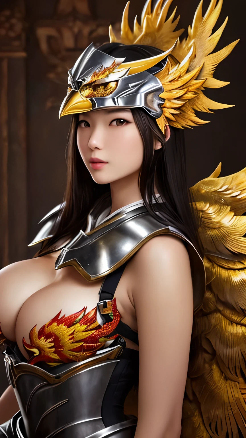 最high quality、high quality、best image quality、8K、最High resolution、High resolution、最high quality、masterpiece、RAW photo、whole body写真、Realistic human body with detailed details、Realistic skin in every detail、Realistic face in every detail、Realistic eyes in every detail、Realistic lips in every detail、Realistic teeth in every detail、Realistic ears with attention to detail、Realistic hair with detailed details、Realistic arms with attention to detail、Realistic hands with attention to detail、Realistic fingers with attention to detail、(fine hands、thumb1reference4)、Realistic legs with attention to detail、Realistic feet with attention to detail、((beautiful japanese girl))、(japanese model), (japanese woman)、((18 year old beautiful girl))、(black hair)、(straight hair)、(ponytail)、((whole body))、((Beautiful breasts directed upwards、Medium chest))、(slim style、slender style)、(whole body光沢肌、Fair skin)、Detailed and realistic human body、detailed realistic skin、detailed realistic face、detailed realistic arms、Detailed realistic fingers、Detailed realistic feet、 soft natural light、Interior of a medieval European-style Western-style building、Interior decorated with artwork from the 1690s、 Interior of a 1600s mansion、Classic Bedroom、complex room、Classic interior、(metal that reflects light)、(mirror metal)、(mirror painted metal)、((mirror metallic(metal phoenix armor))、((mirror metallic(metal phoenix helm))
