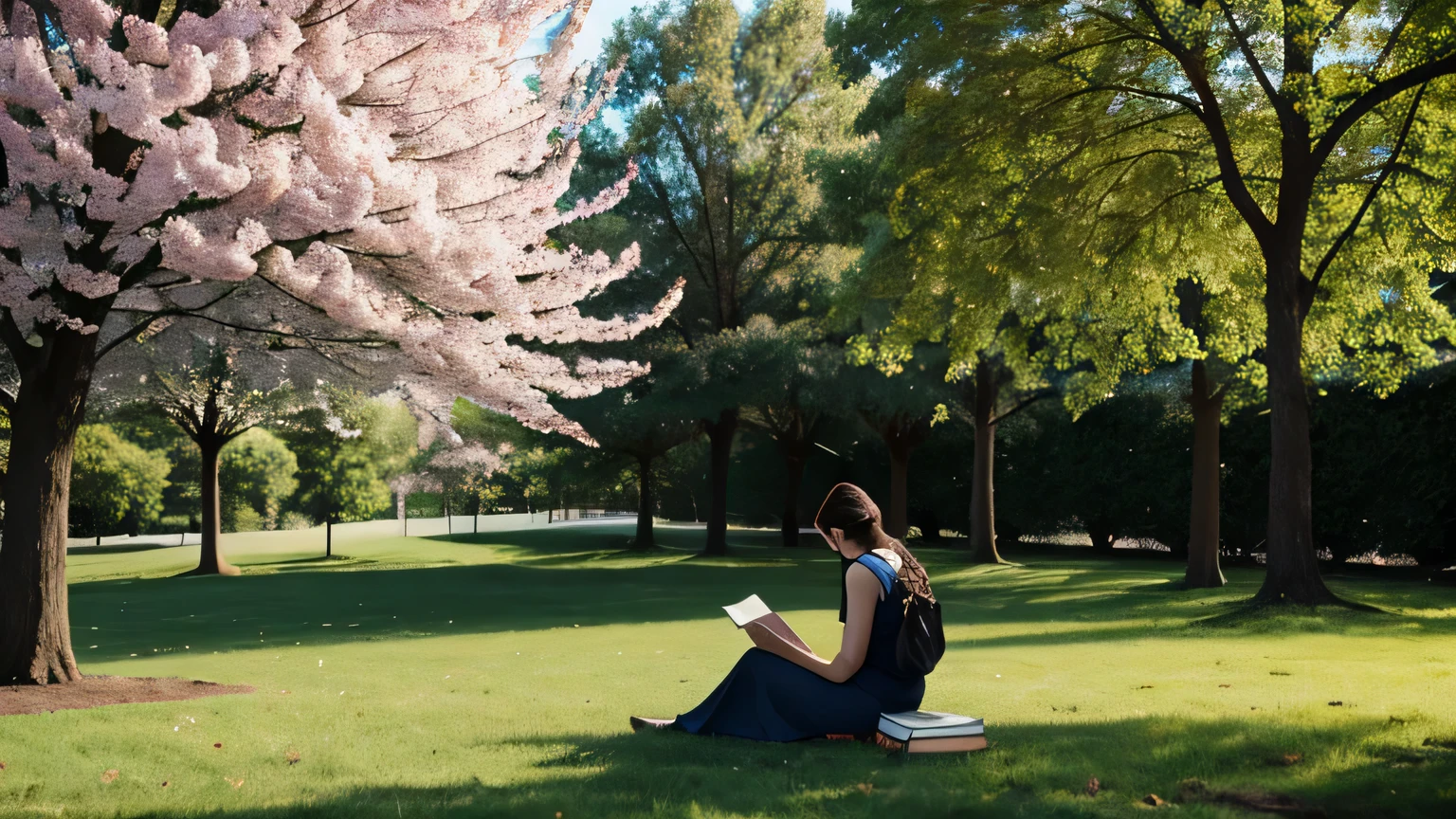 spring in the park,Rear view of a girl reading next to a pile of books,A sense of literary and artistic atmosphere,Hopeful