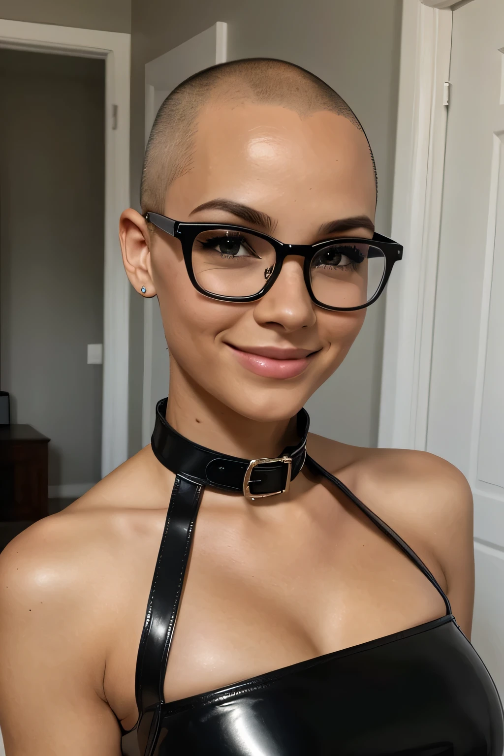 best quality, photo realistic, pretty girl, her head is shiny bald, her head is shaved smooth, she wears black framed glasses, she has freckles, she smiles, she wears a 6 inch tall latex collar that covers her whole throat and neck, her breasts are small