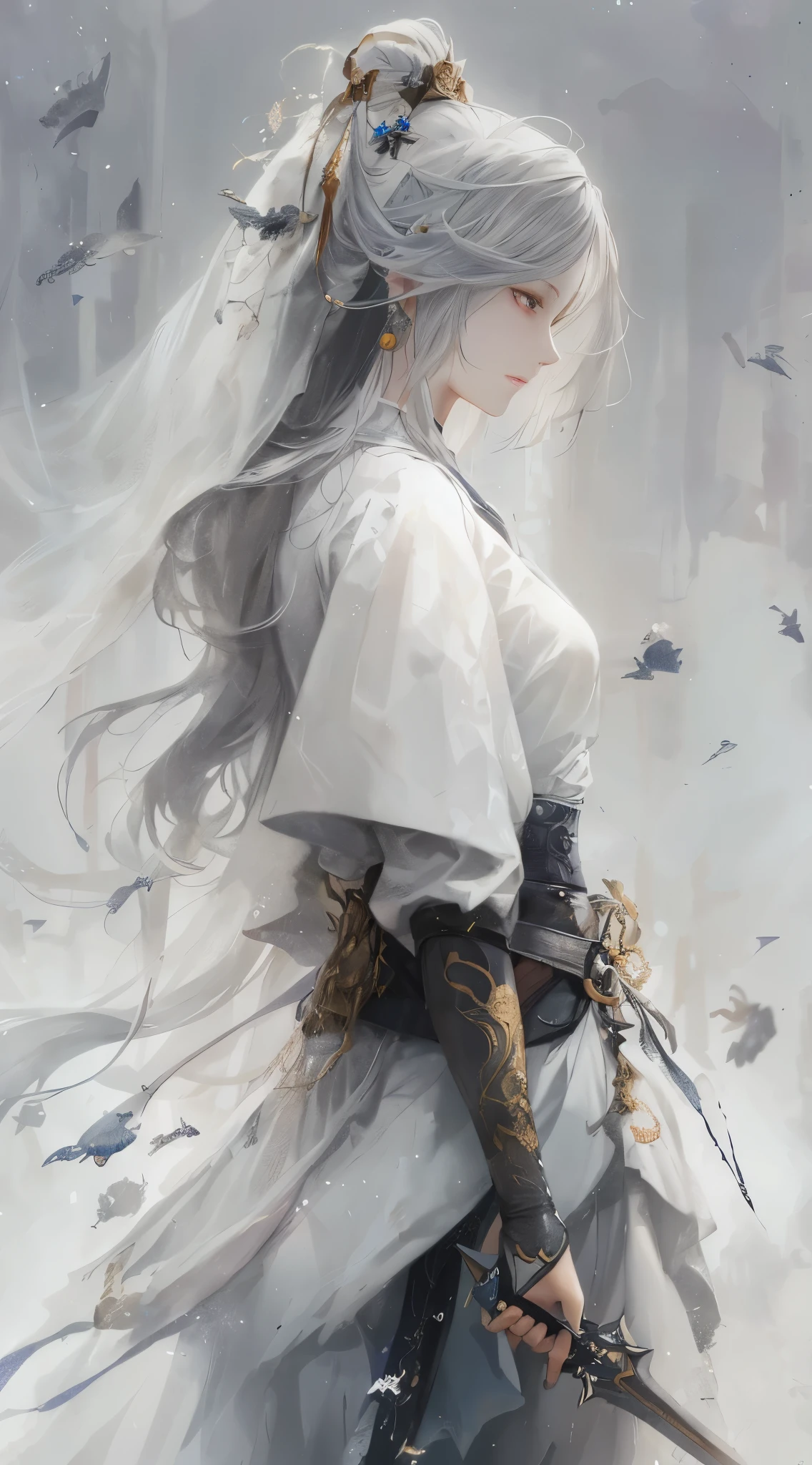 a close up of a woman with a sword in a white dress, a character portrait by Yang J, trending on cgsociety, fantasy art, beautiful character painting, artwork in the style of guweiz, guweiz, white hanfu, flowing white robes, full body wuxia, epic exquisite character art, stunning character art, beautiful female assassin,more details,