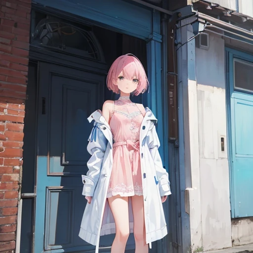 Looking up at the camera，One has sky blue shoulder-length short hair，Wearing a white coat，Revealing pink lace underwear and light blue lace，JK girl with modern European street style on the background。

