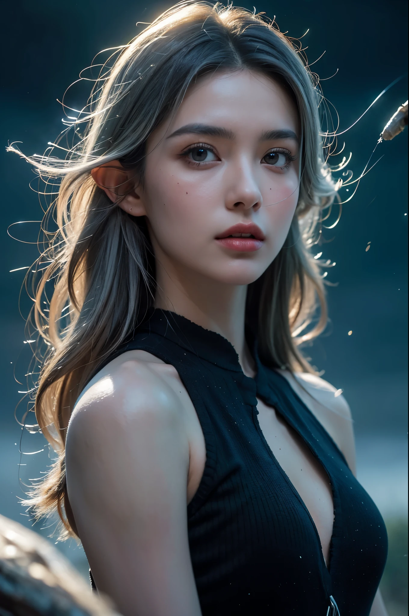high quality, 8K Ultra HD, dungeons and dragons art, fantasy art, fantasy illustration, full body, Mystra The Mother of all Magic, elf Goddess of Magic, silver hair glowing with magic, divine, powerful magic in the background, aura of blue-white light, storm moon, lightning magic splash, magical background, casting a spell, dynamic pose, hovering, perfect anatomy, approaching perfection, dynamic, highly detailed, smooth, sharp focus, art by Carne Griffiths and Wadim Kashin, trending on artstation, sharp focus, intricate details, highly detailed, by greg rutkowski, mysterious, epic, cinematic, digital art, (32k,ultra realistic:1.2), highres, ultra highres, intricate details, (masterpiece:1.4), (photorealistic:1.4), (high detailed skin:1.1),(dslr, high quality:1.1), ultra detailed, extremely detailed, style-swirlmagic, in the style of nicola samori