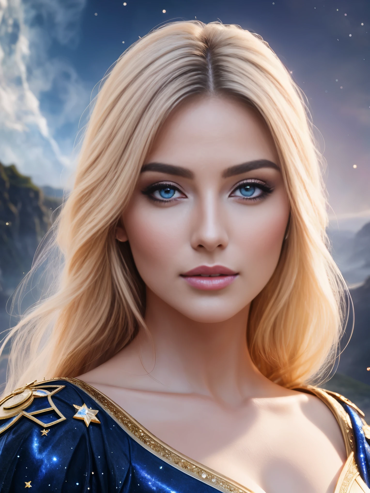 Masterpiece, an ultra hot gorgeous European woman , age 23, High Detail Eyes, Perfect Eyes, High Detail Face, Same Eyes, Glare, Rainbow Color, Global Illumination, Soft Light, Dream Light, Digital Painting, 8K, Fantasy, Night Sky, Stars, Nebula, White Crystal, Moonlight, Serenity, Summer, (8K:1.1)
