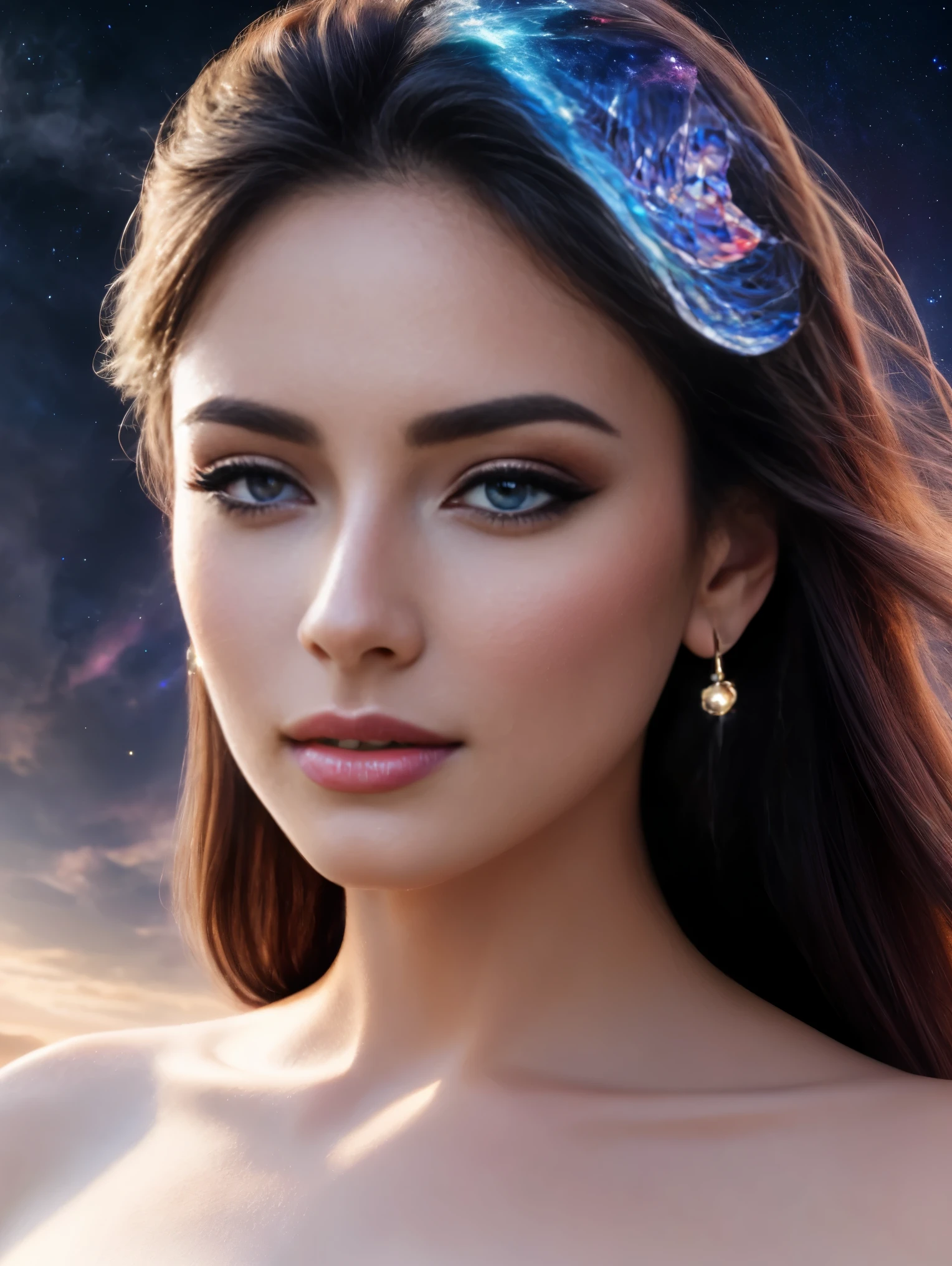 Masterpiece, an ultra hot gorgeous European woman , age 23, High Detail Eyes, Perfect Eyes, High Detail Face, Same Eyes, Glare, Rainbow Color, Global Illumination, Soft Light, Dream Light, Digital Painting, 8K, Fantasy, Night Sky, Stars, Nebula, White Crystal, Moonlight, Serenity, Summer, (8K:1.1)
